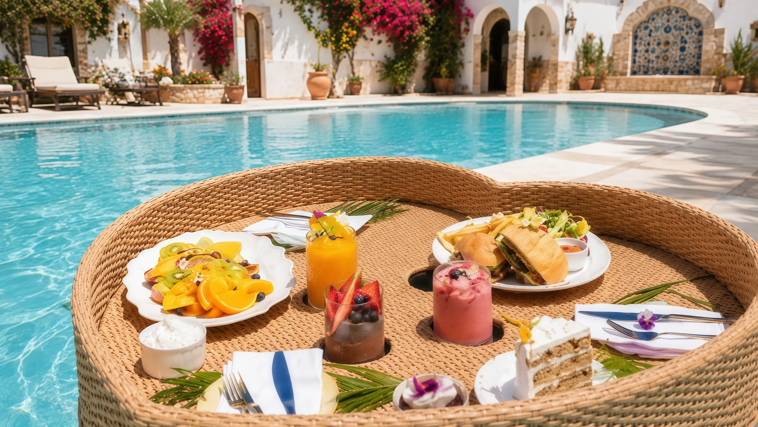 PE Rattan Floating Pool Tray for Resort Breakfast & Poolside Service