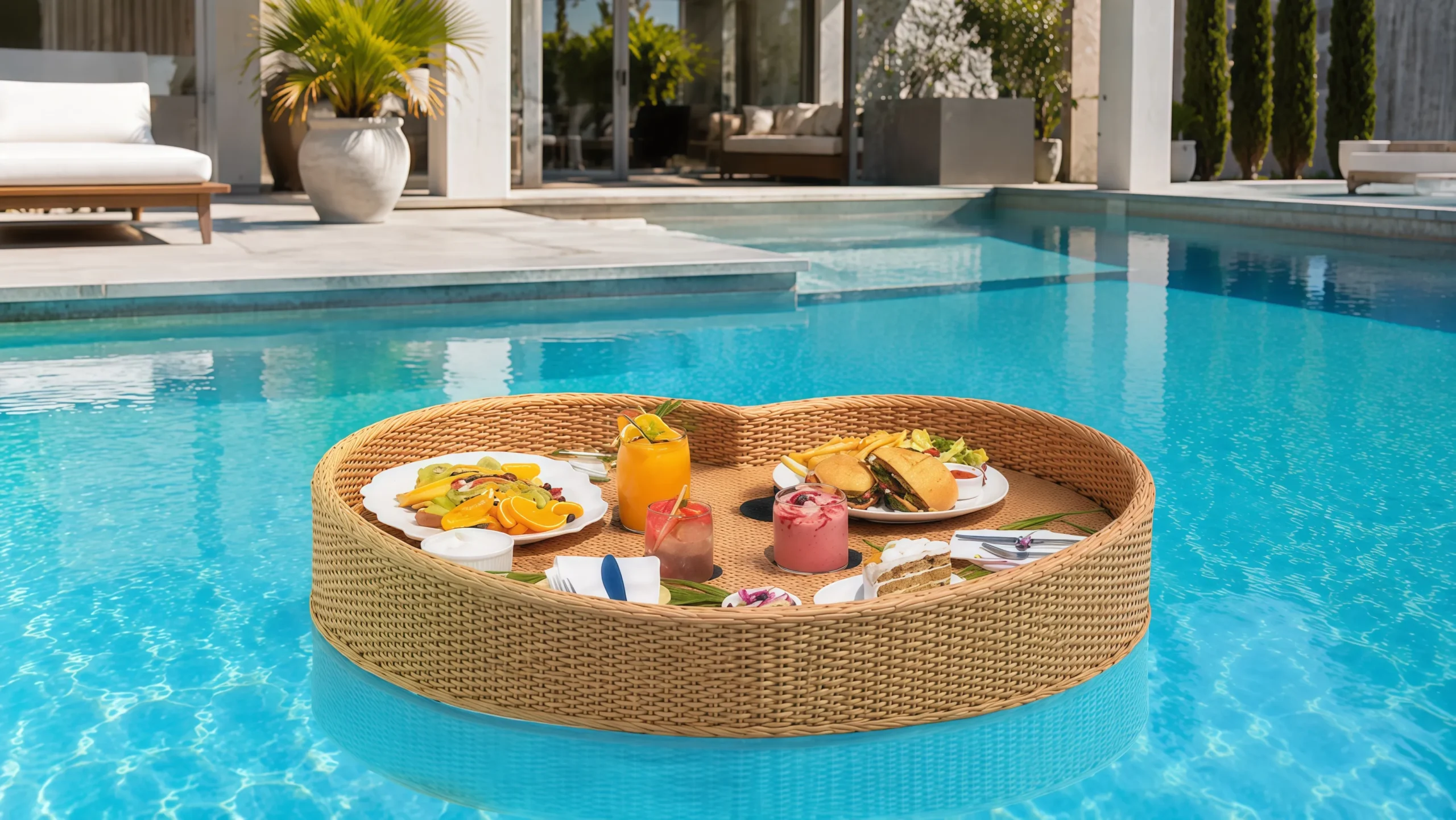 PE Rattan Floating Pool Tray for Resort Breakfast & Poolside Service