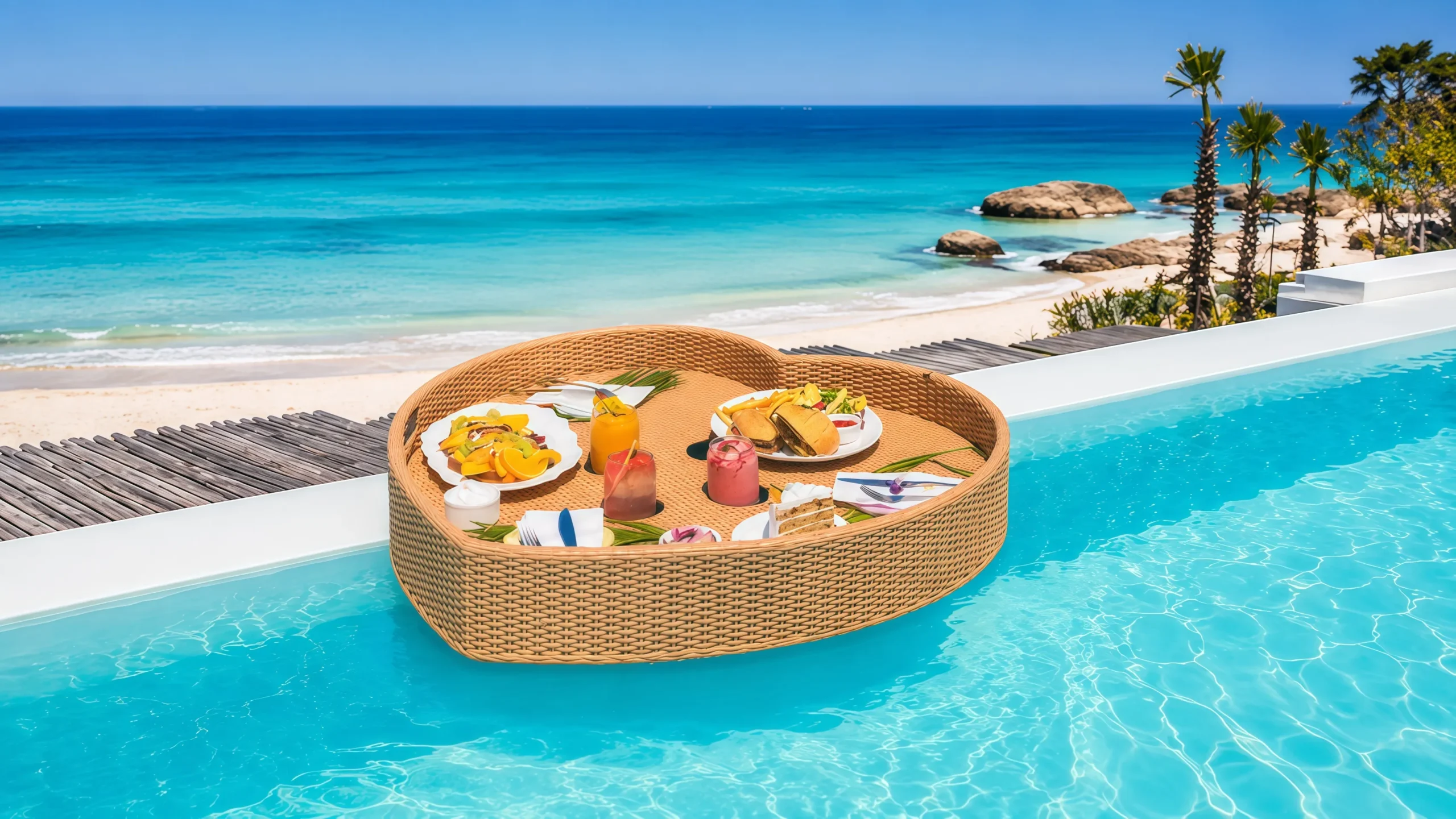 PE Rattan Floating Pool Tray for Resort Breakfast & Poolside Service