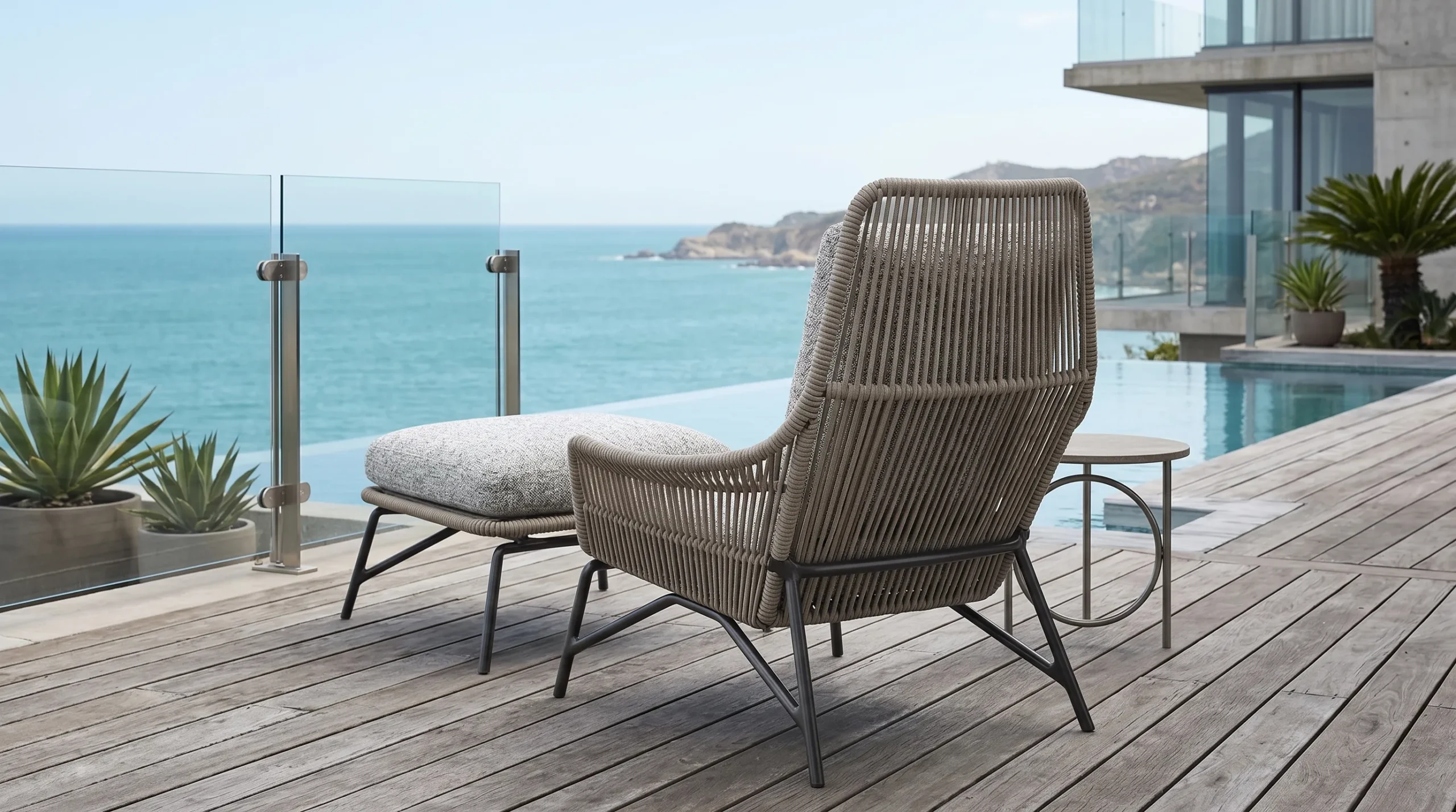 Woven Rope Outdoor Lounge Chair with Ottoman for Resort Patio & Poolside Seating