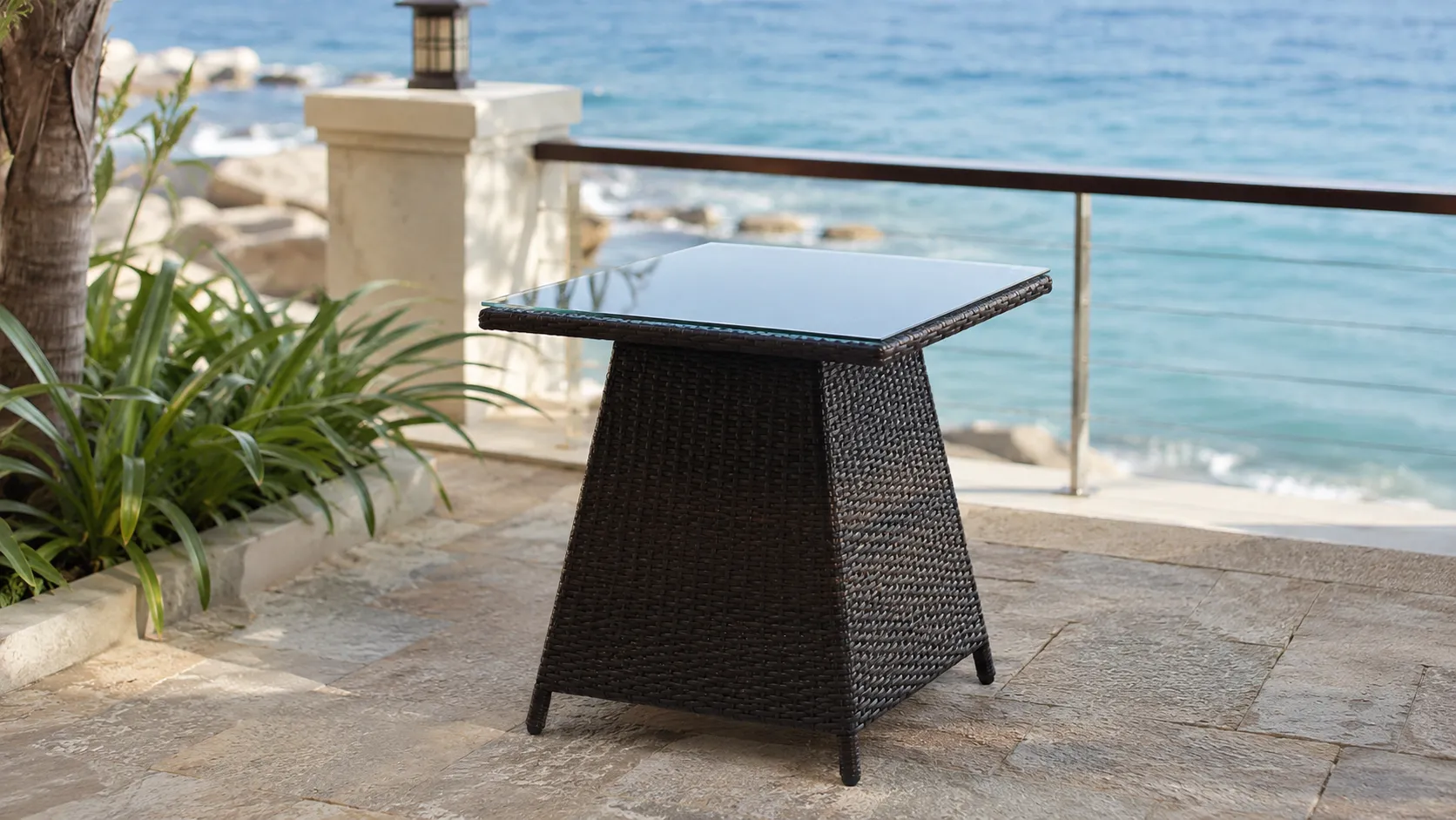 PE Rattan Patio Dining Set with 4 Armchairs & Square Glass Table for Hotel Outdoor Dining