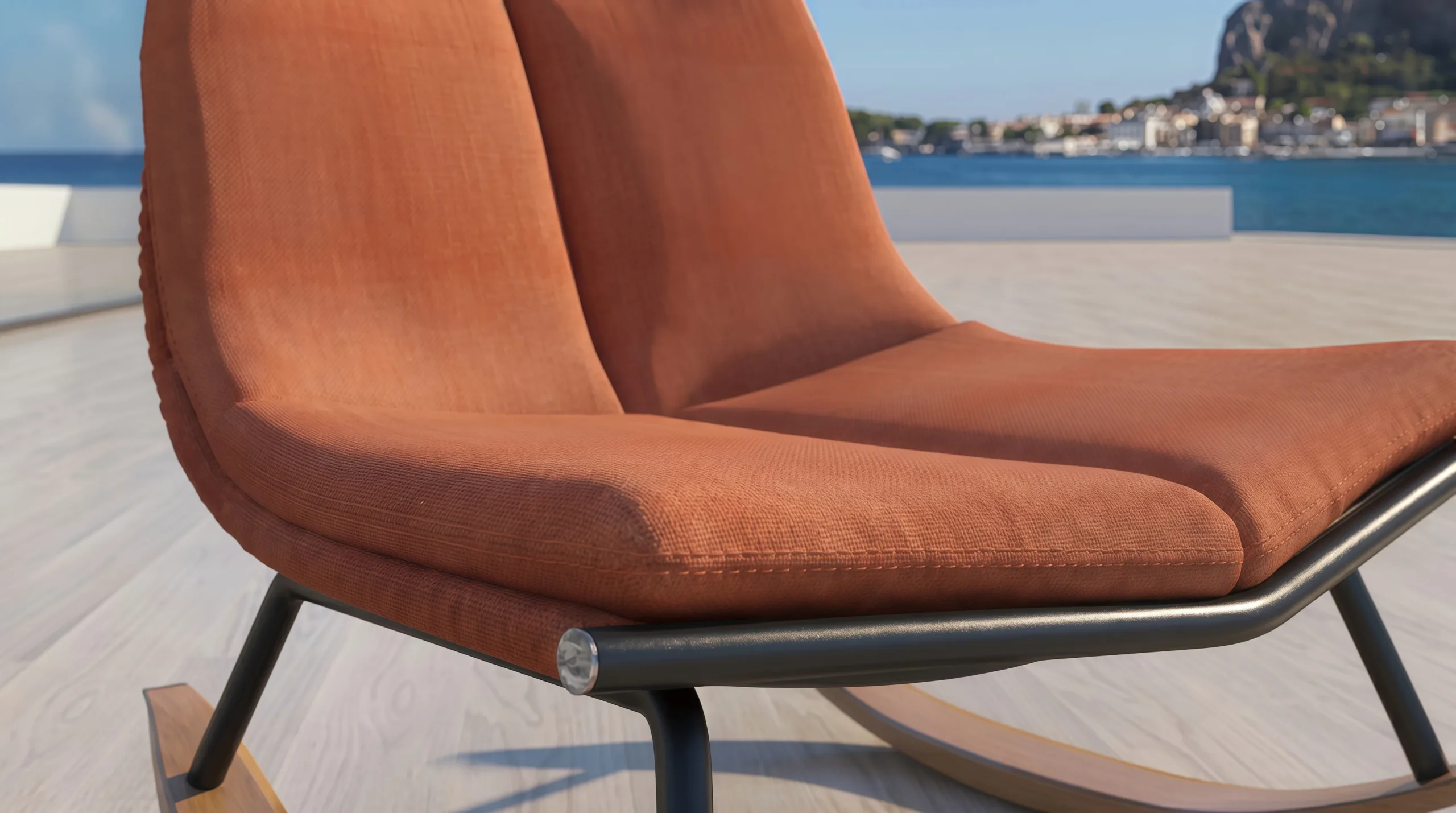 Teak Outdoor Rocking Lounge Chair with Orange Cushion