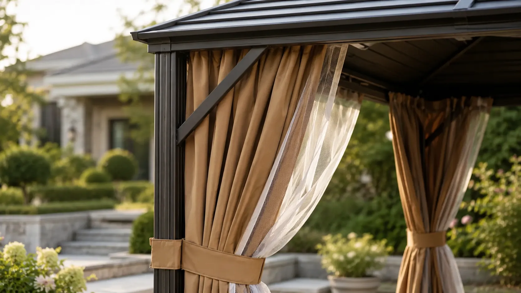 Mosquito net detail of curved roof outdoor gazebo