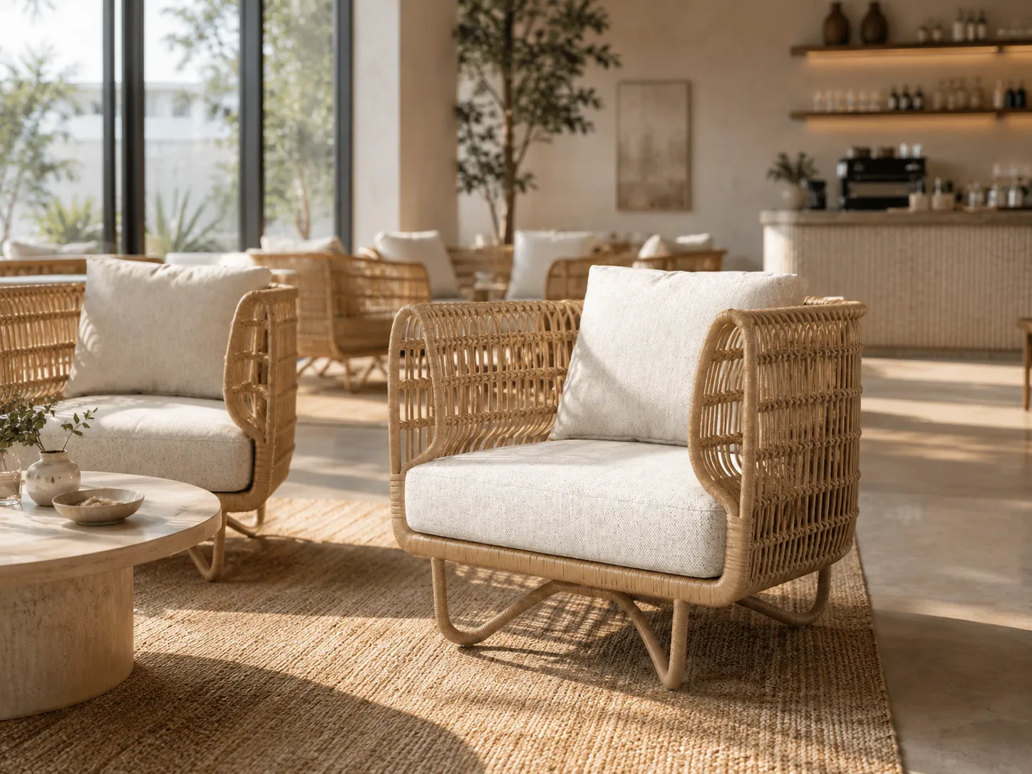 Back view of natural rattan lounge chair with handwoven frame structure