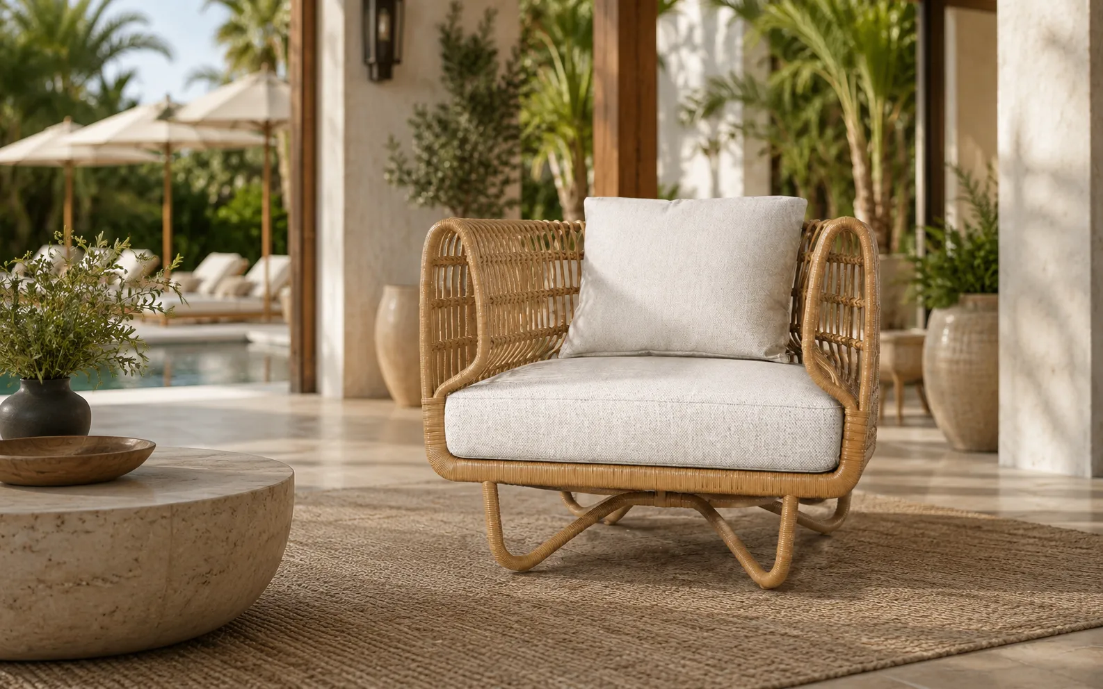 XIMU Furniture natural rattan outdoor lounge chair with cream cushions for hotel and resort projects