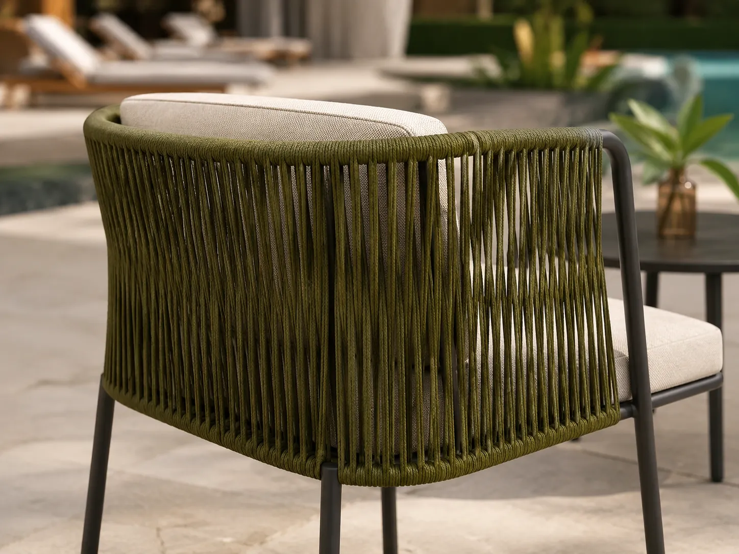 Olive green rope armrest detail of outdoor bistro chair
