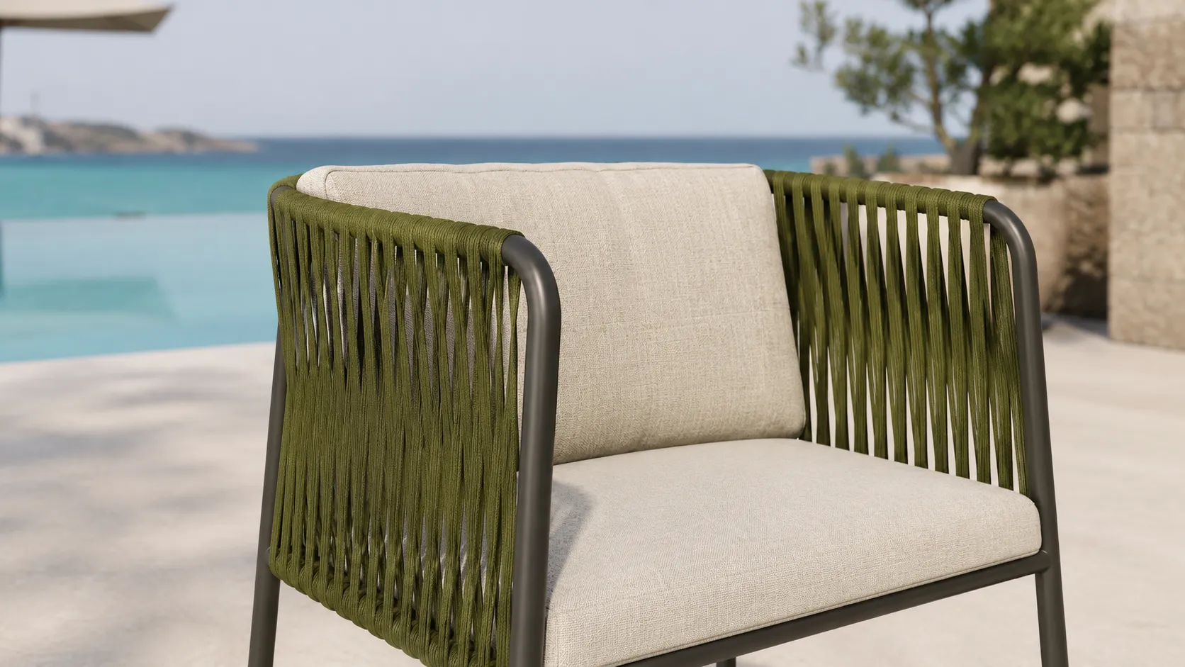 Outdoor Rope Bistro Set with Green Armchairs, Beige Cushions & Round Coffee Table for Patio Balcony
