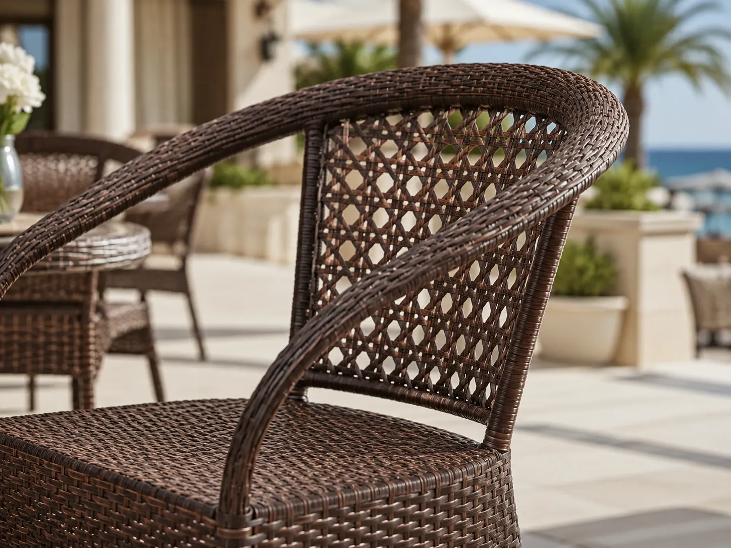 Open-weave brown rattan chair back detail