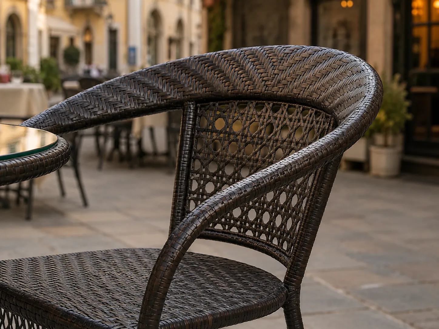 Open-weave dark rattan chair back detail