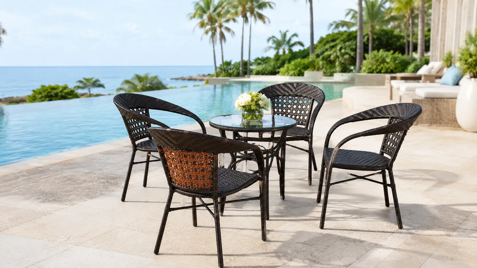 Dark Brown PE Rattan Outdoor Dining Set with 4 Open-Weave Armchairs & Round Glass Table