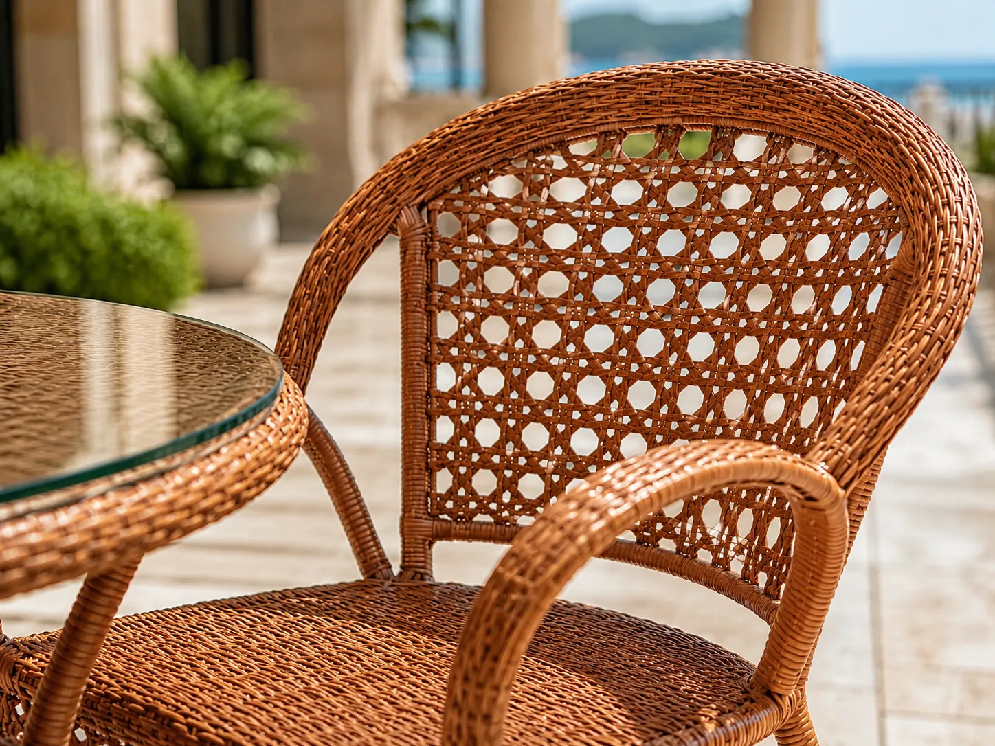 Open-weave rattan chair back detail of outdoor dining chair