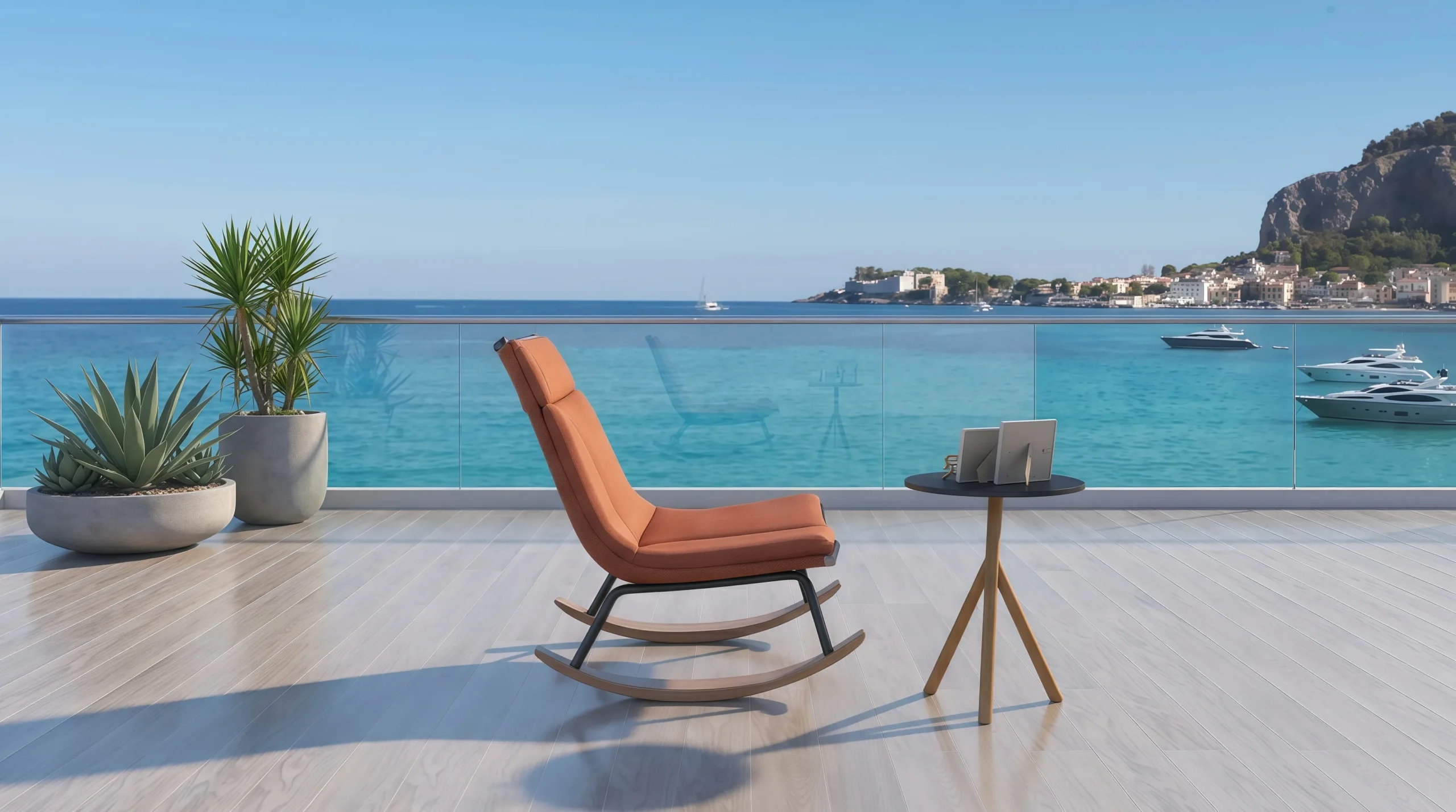 Teak Outdoor Rocking Lounge Chair with Orange Cushion