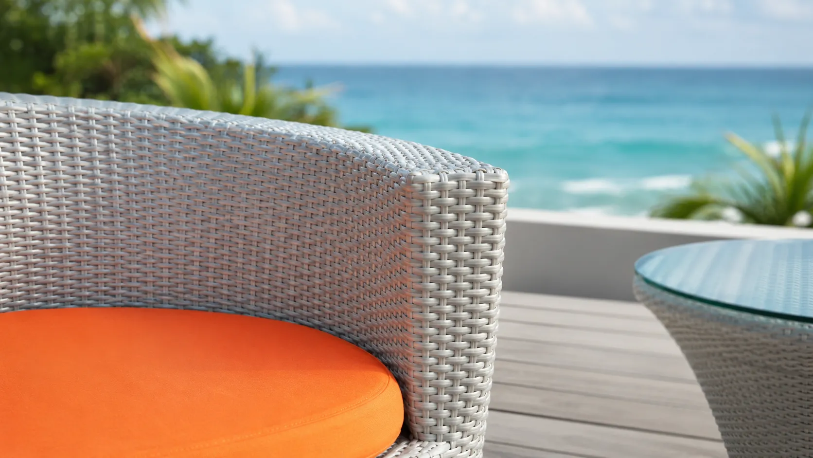 PE Rattan Outdoor Conversation Set with 4 Curved Chairs, Orange Cushions & Round Glass Table