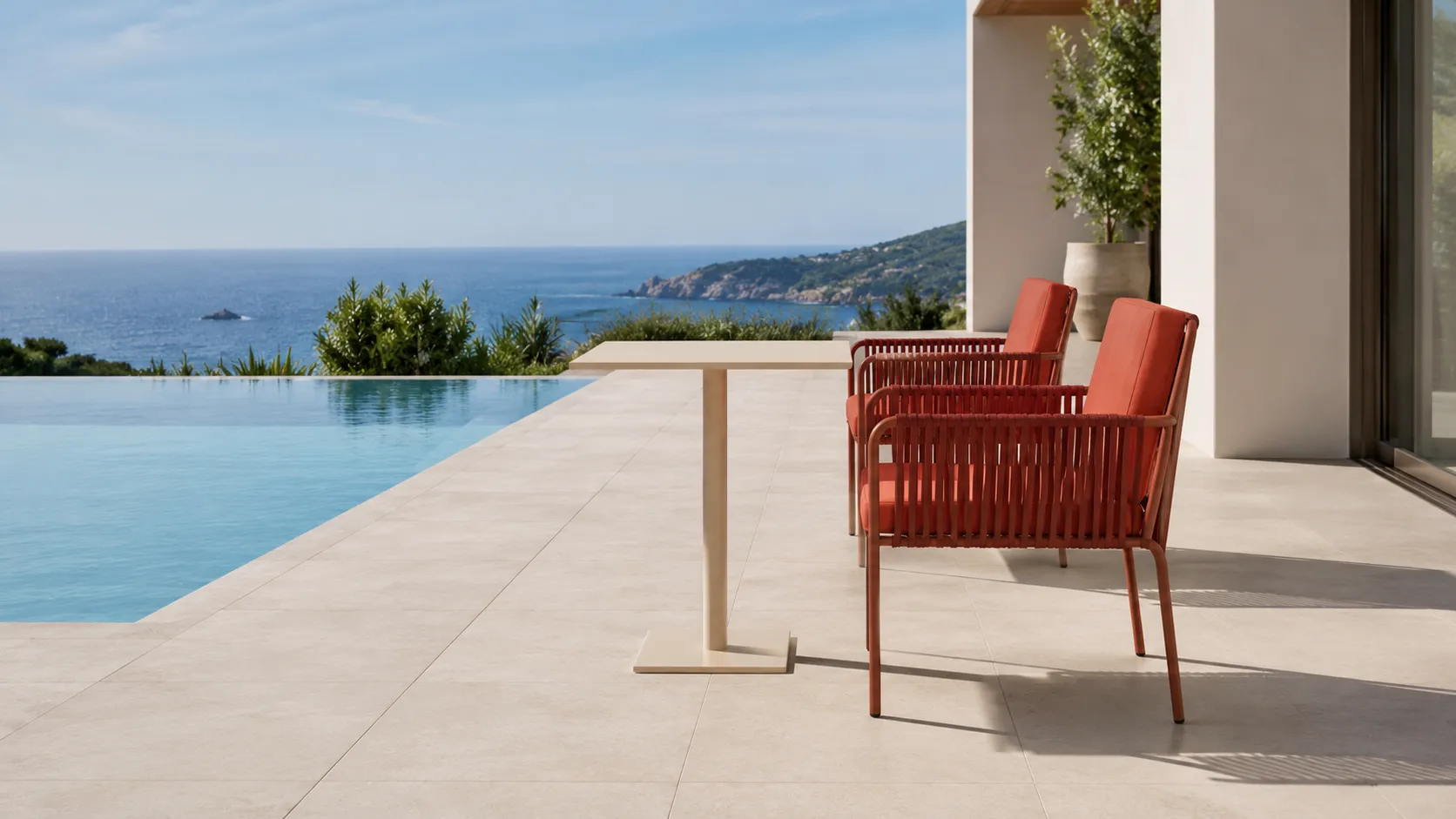 Outdoor Rope Bistro Set with 2 Armchairs, Orange Cushions & Square Café Table for Patio Balcony