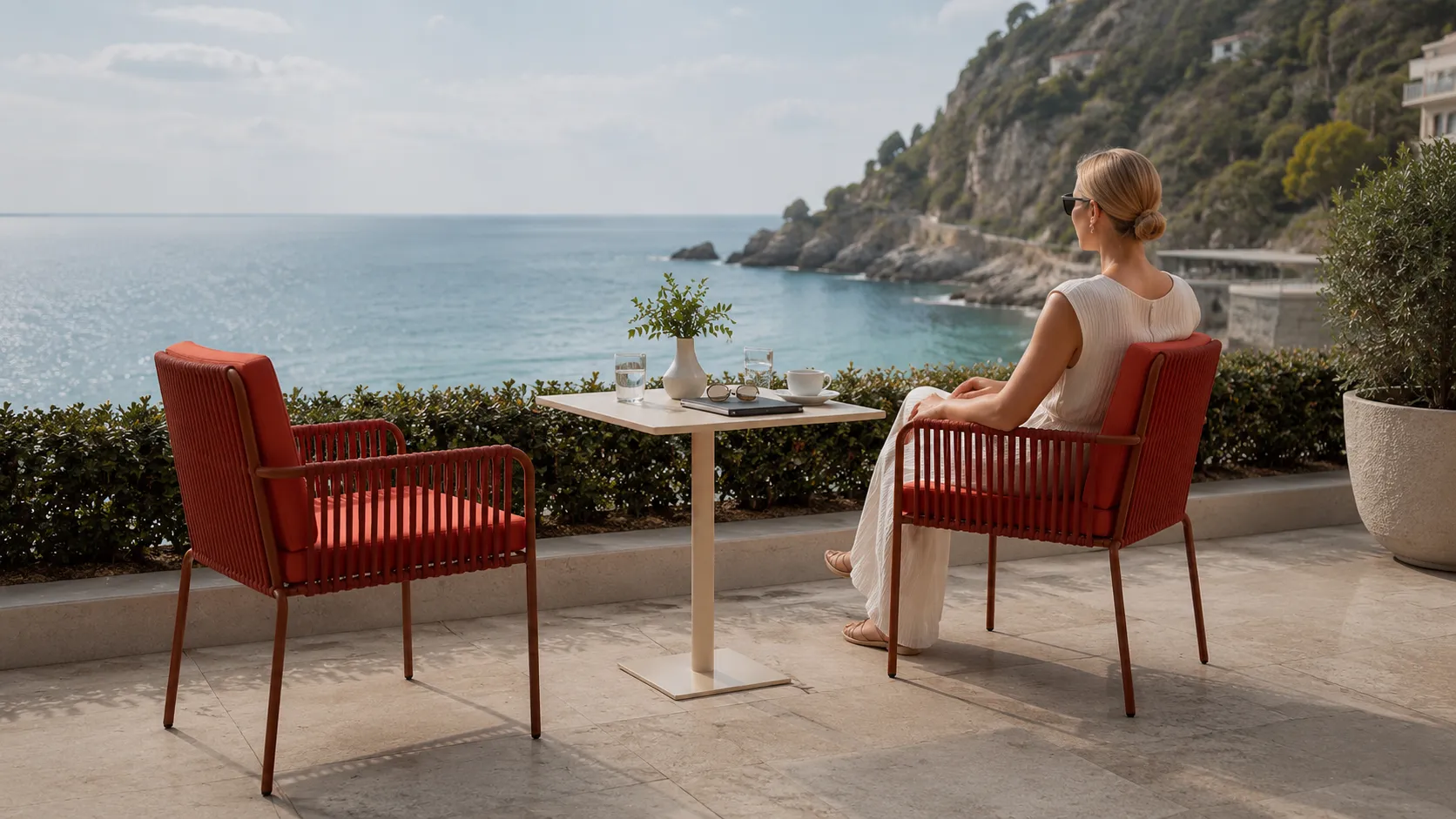 Outdoor Rope Bistro Set with 2 Armchairs, Orange Cushions & Square Café Table for Patio Balcony