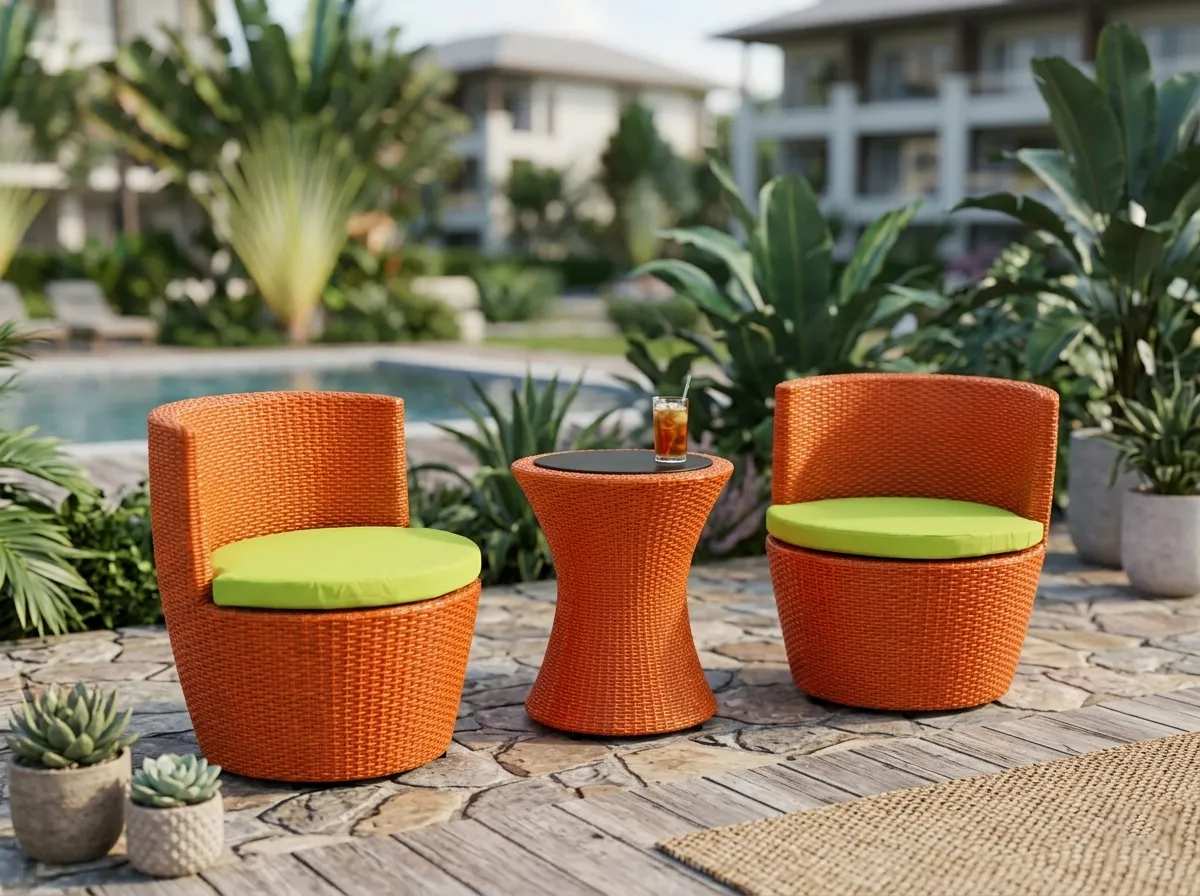 Side view of orange wicker bistro chair with green cushion