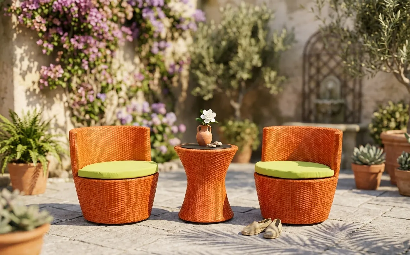 XIMU Furniture orange wicker bistro set with two chairs and side table for patio and balcony projects