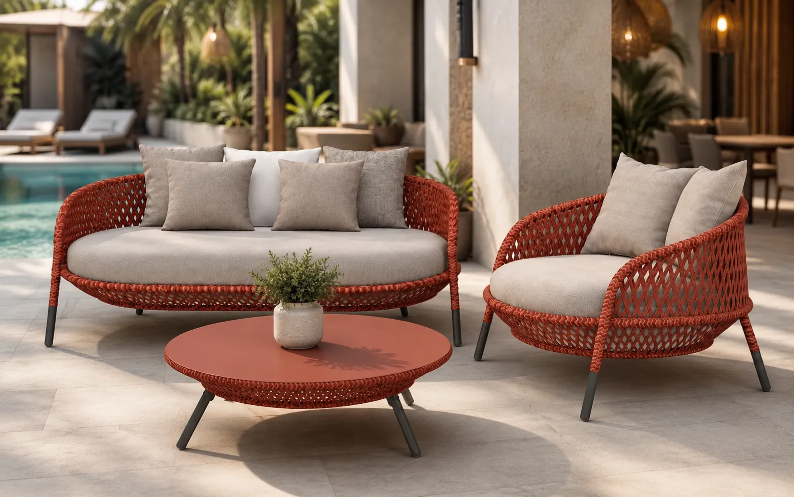 XIMU Furniture orange wicker outdoor conversation set with sofa chair and coffee table for hotel projects
