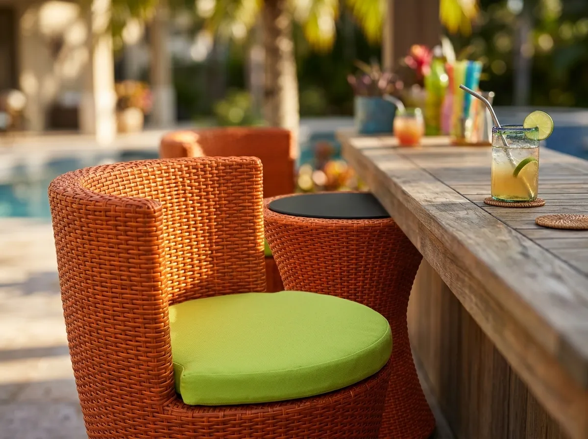 Close-up detail of orange woven wicker for outdoor bistro furniture