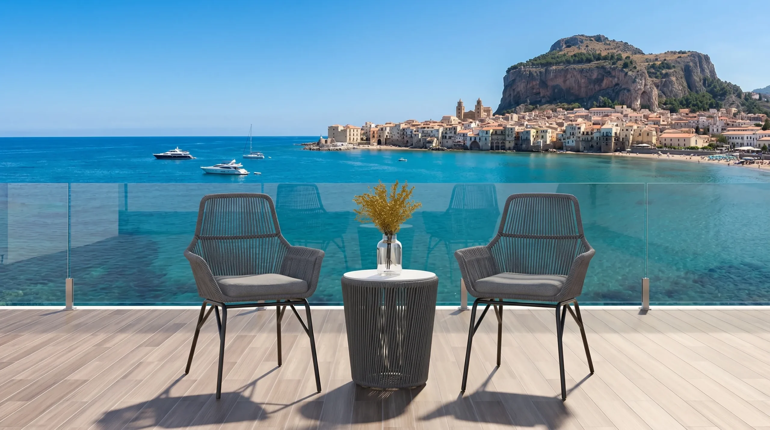Outdoor Rope Bistro Set with 2 Grey Armchairs & Round Side Table for Balcony Patio Café
