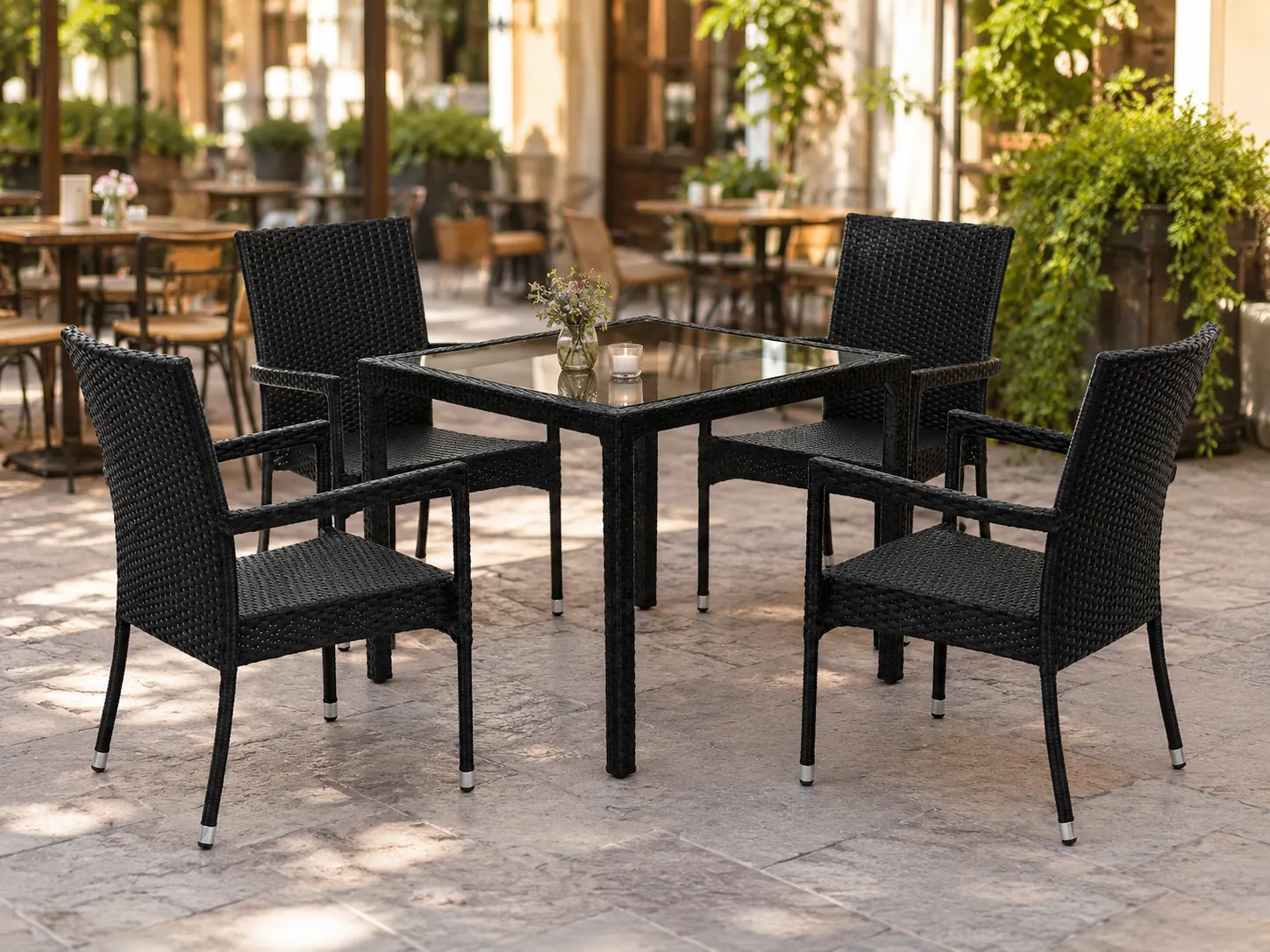 PE rattan dining set with 4 chairs for outdoor café