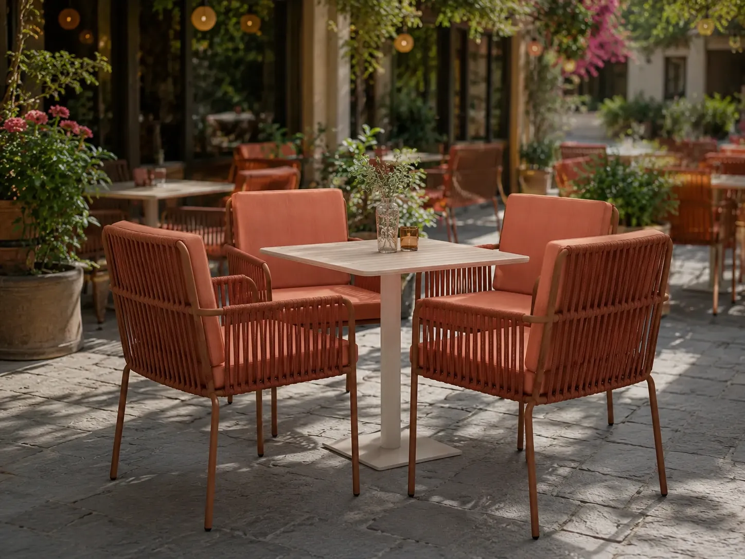 Terracotta cushion rope dining set for outdoor café seating