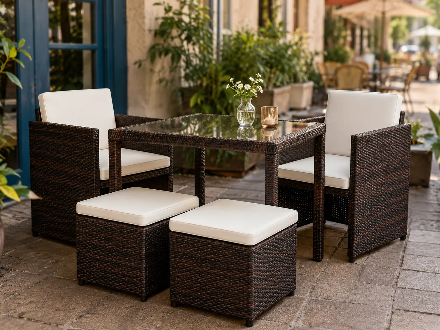 Outdoor café wicker cube dining set with square glass table