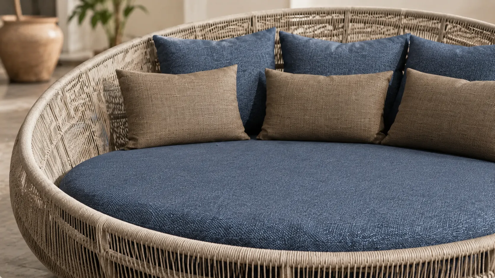Blue outdoor cushion detail for round wicker poolside daybed