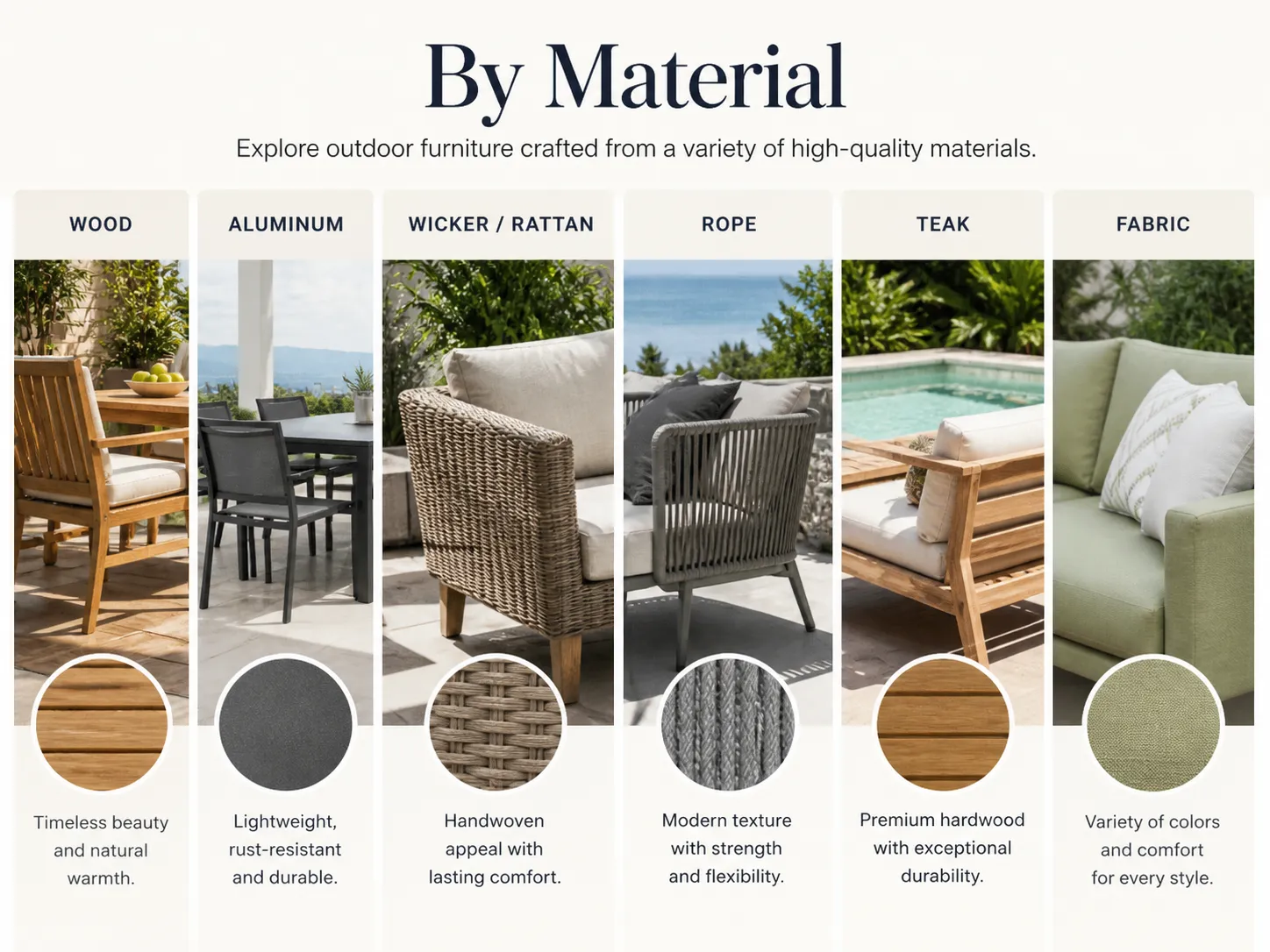 Outdoor furniture materials and finishes including aluminum, rope, PE rattan, teak and fabric options