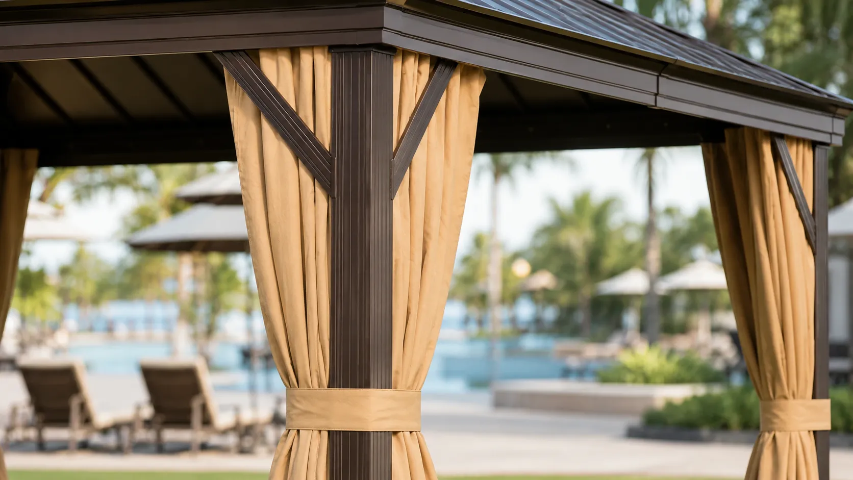 Privacy curtain detail of outdoor gazebo with curtains