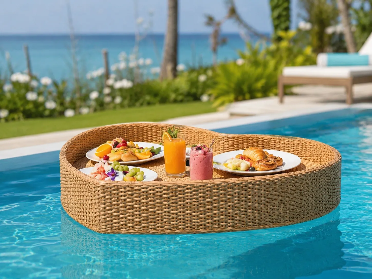 Outdoor hospitality rattan serving tray for poolside service projects