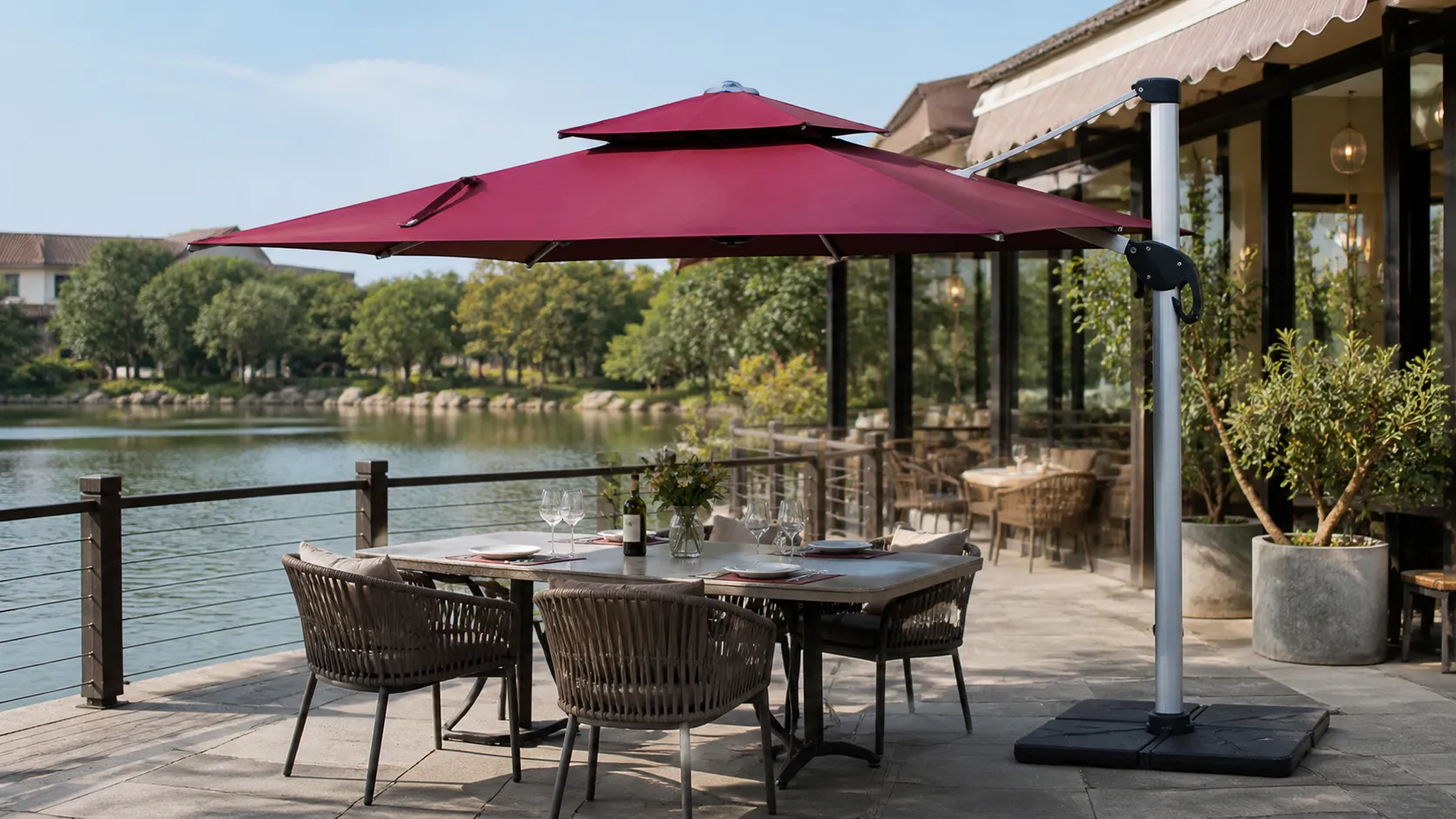 Adjustable Height Cantilever Patio Umbrella with Red Canopy for Poolside & Resort Shade