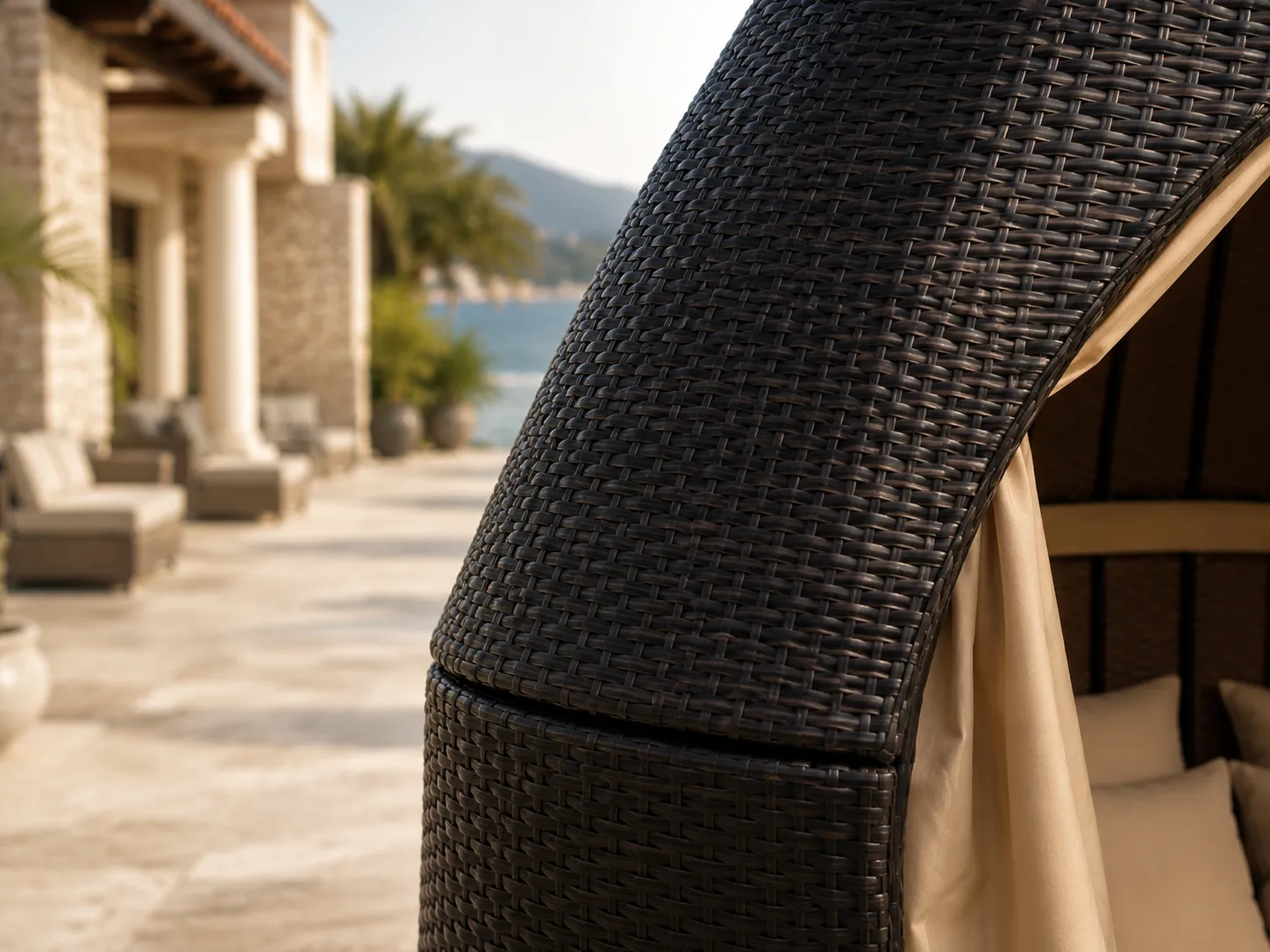 Outdoor rattan cabana bed detail with woven PE wicker structure