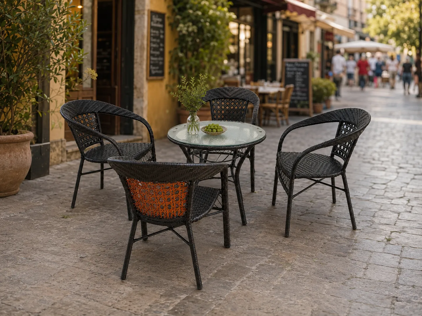 Dark rattan round dining set for outdoor restaurant