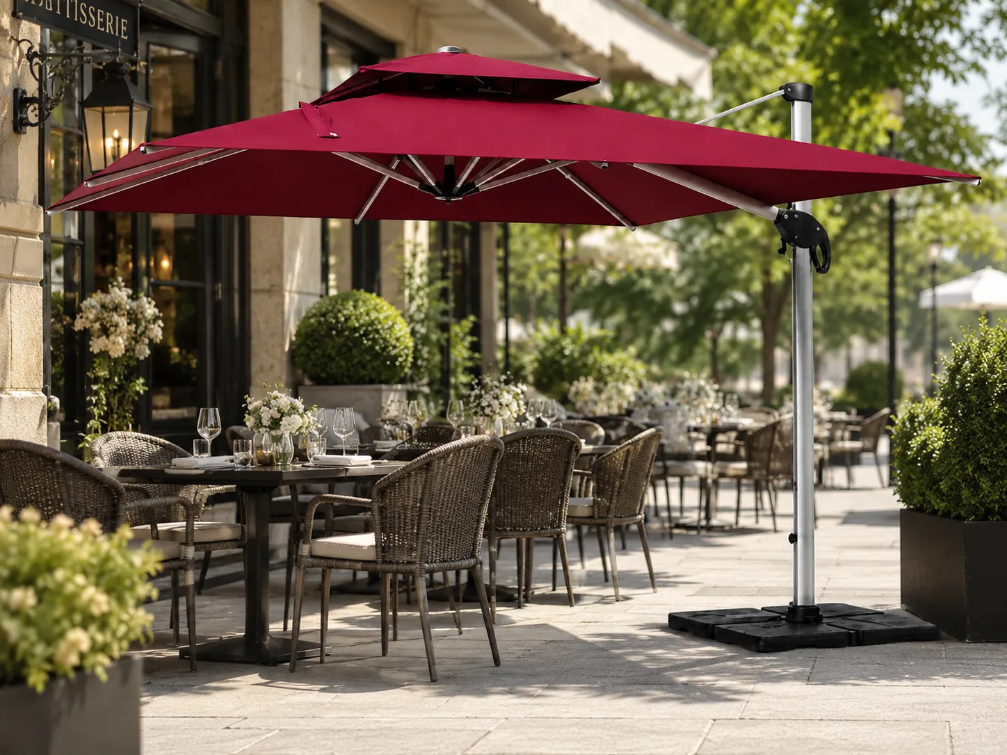 Offset patio umbrella for outdoor restaurant shade