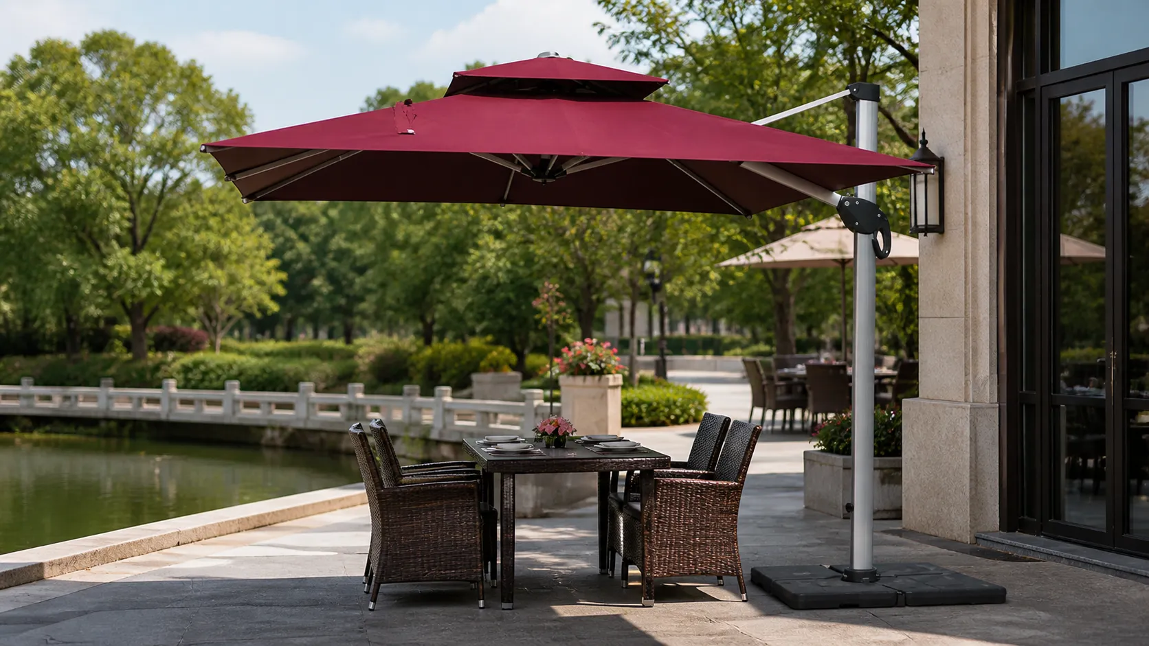 Adjustable Height Cantilever Patio Umbrella with Red Canopy for Poolside & Resort Shade