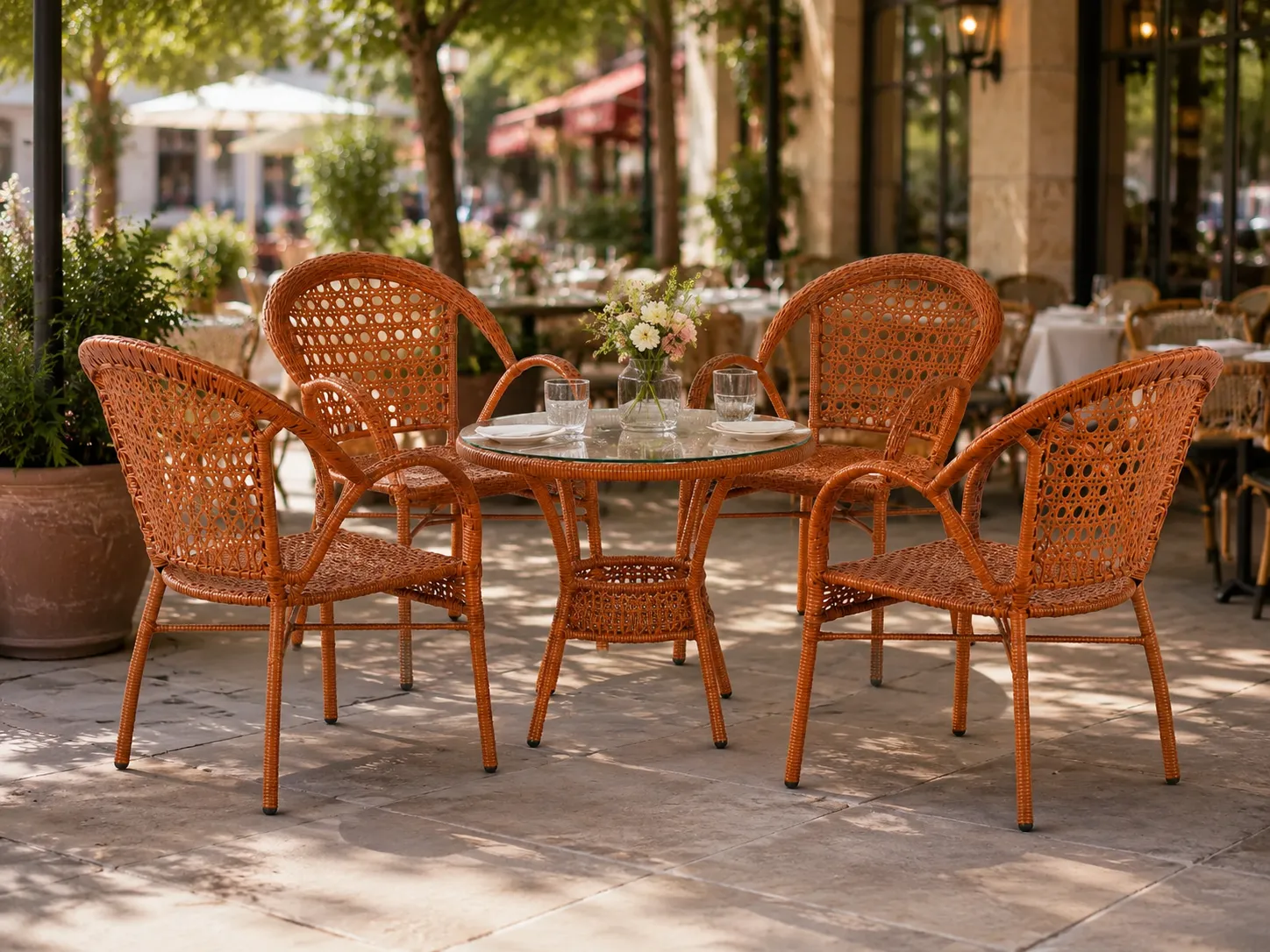 PE rattan round dining set for outdoor restaurant