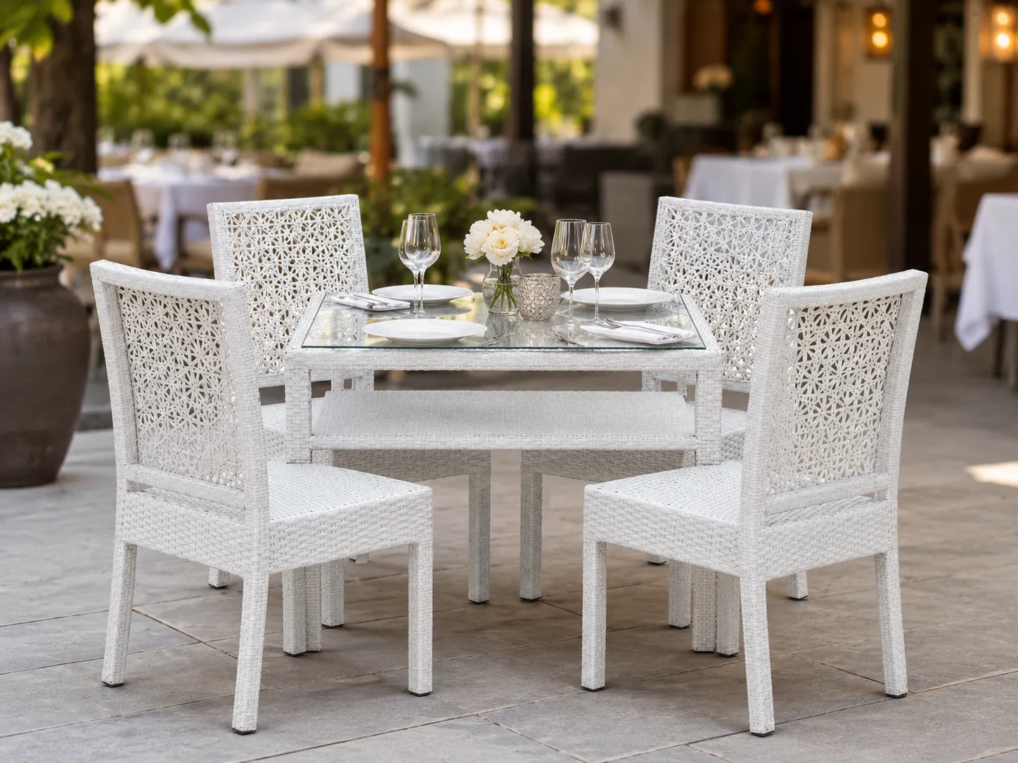 White PE rattan dining set for outdoor restaurant