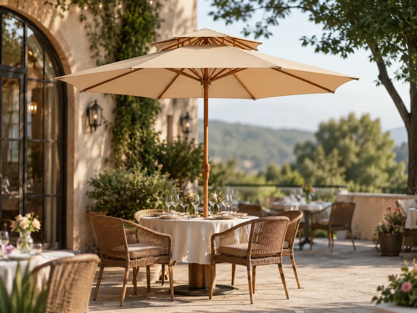 Wooden market umbrella for outdoor restaurant dining shade