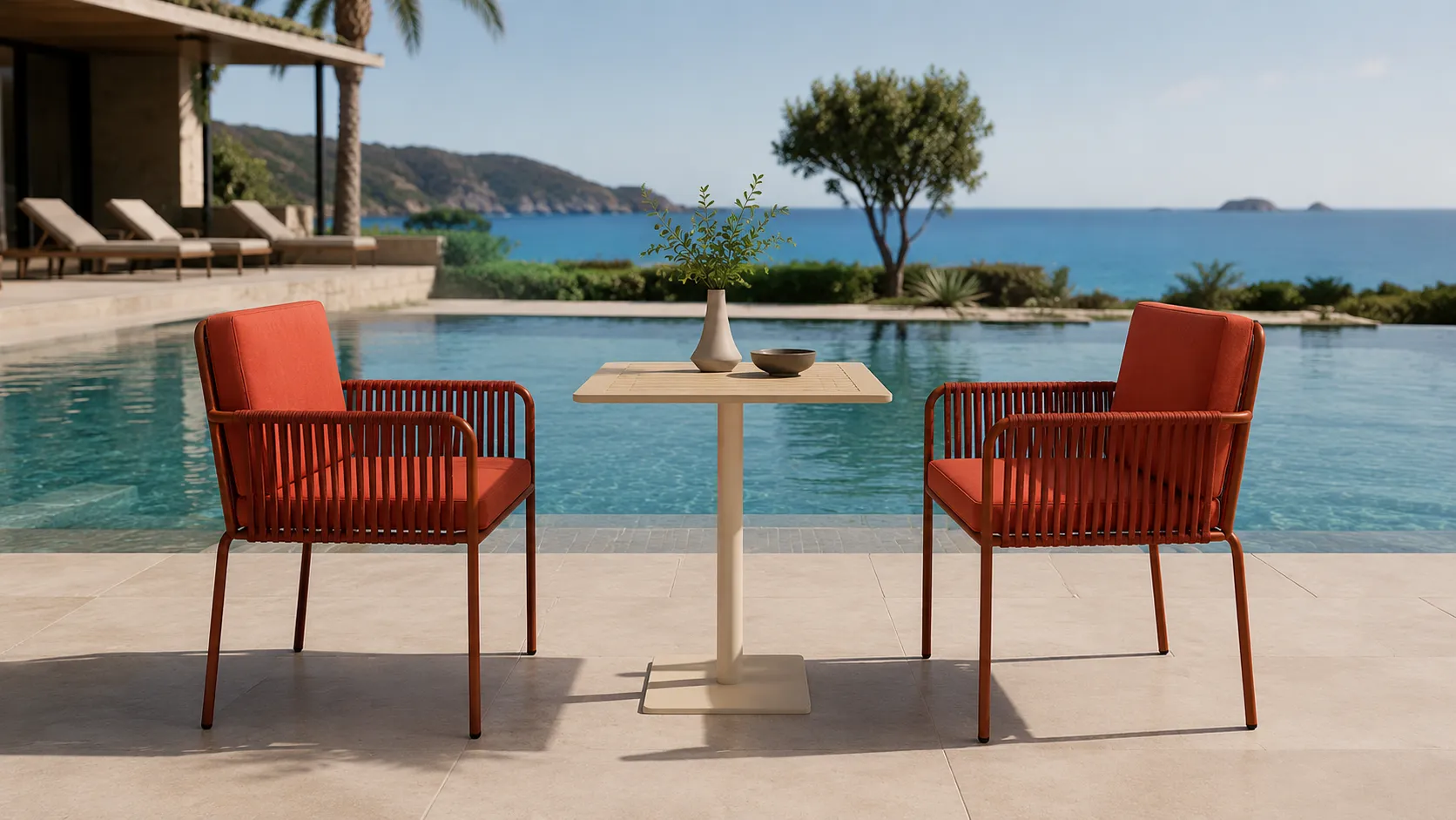 Outdoor Rope Bistro Set with 2 Armchairs, Orange Cushions & Square Café Table for Patio Balcony