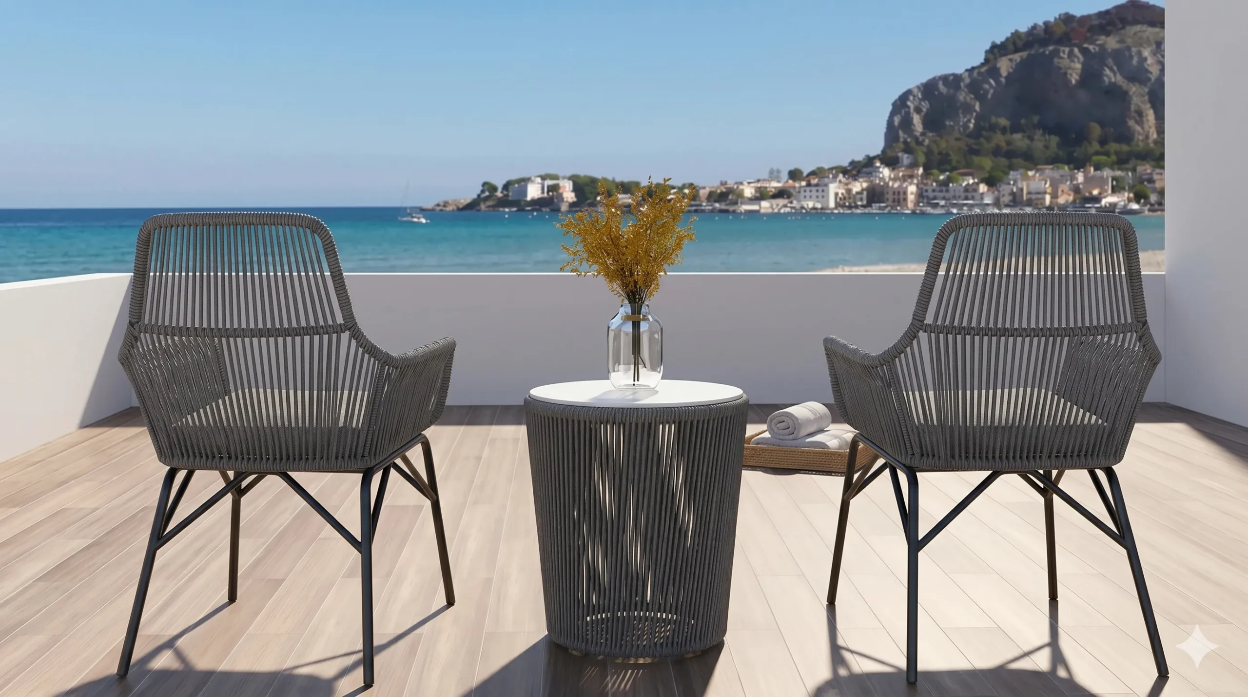 Outdoor Rope Bistro Set with 2 Grey Armchairs & Round Side Table for Balcony Patio Café