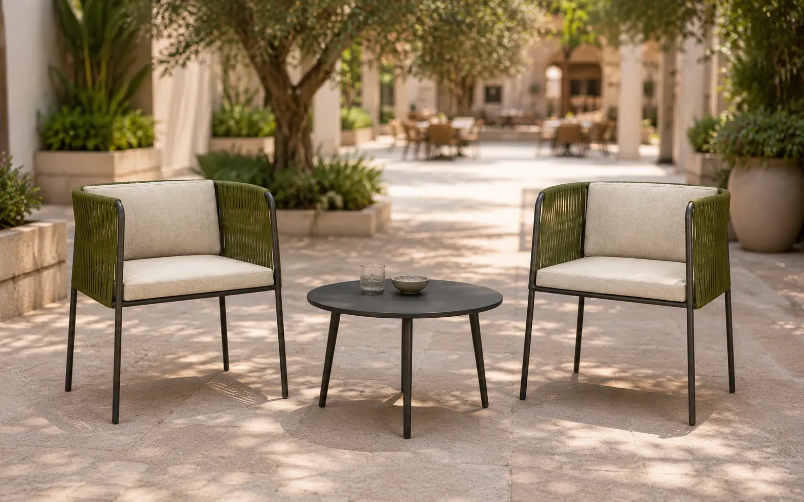 XIMU Furniture outdoor rope bistro set with green armchairs and round coffee table