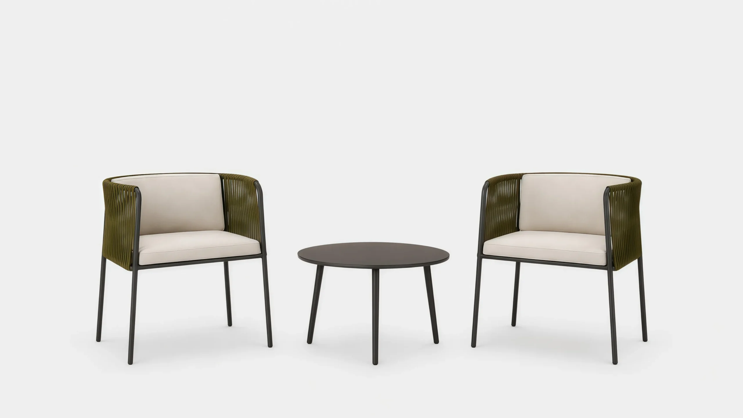 Outdoor Rope Bistro Set with Green Armchairs, Beige Cushions & Round Coffee Table for Patio Balcony