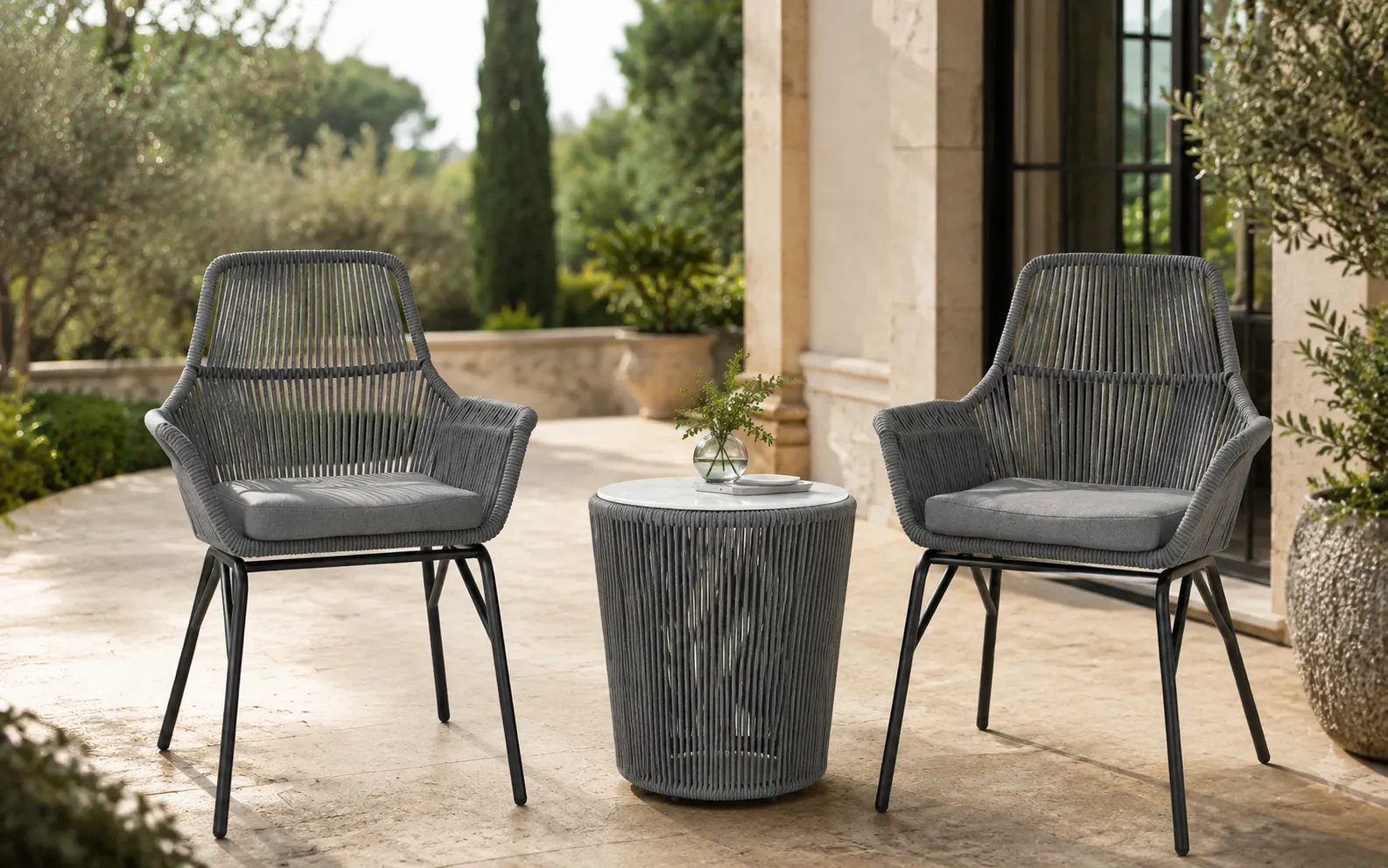 XIMU Furniture outdoor rope bistro set with 2 grey armchairs and round side table