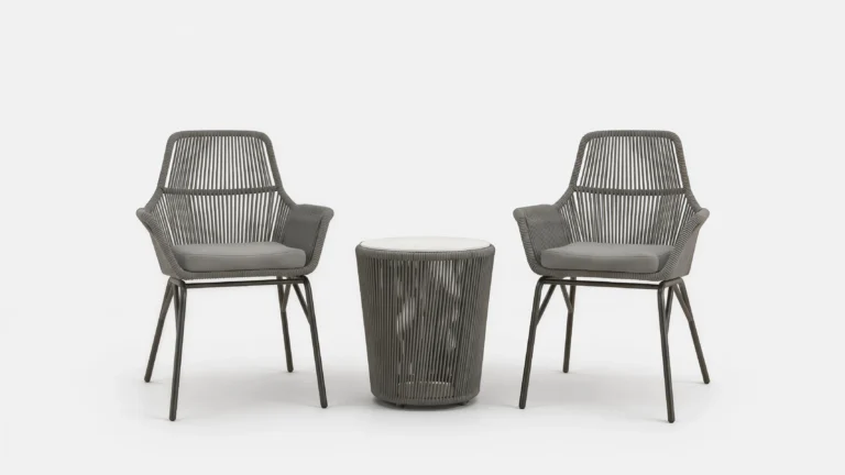Outdoor Rope Bistro Set with 2 Grey Armchairs & Round Side Table for Balcony Patio Café