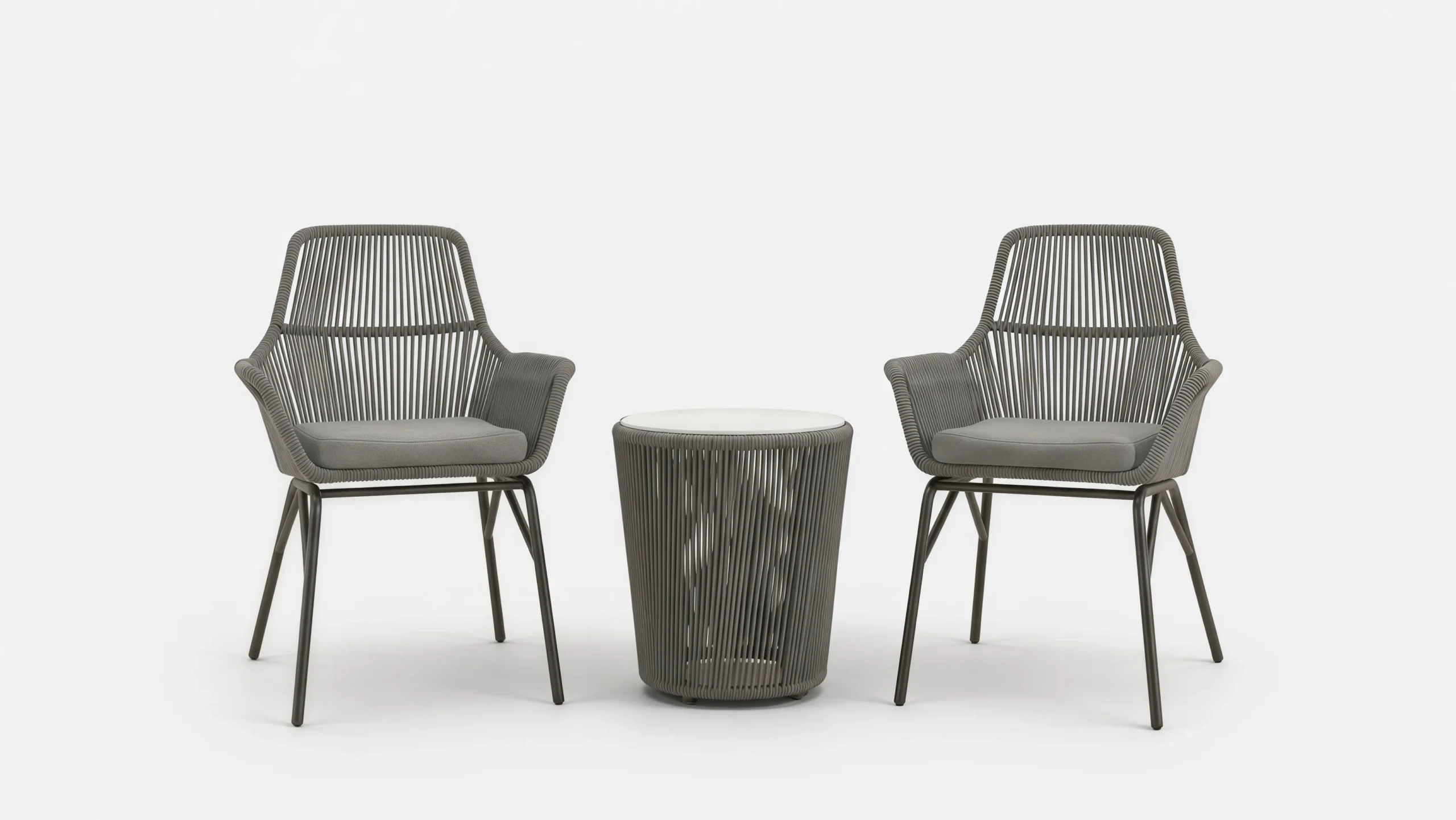 Outdoor Rope Bistro Set with 2 Grey Armchairs & Round Side Table for Balcony Patio Café