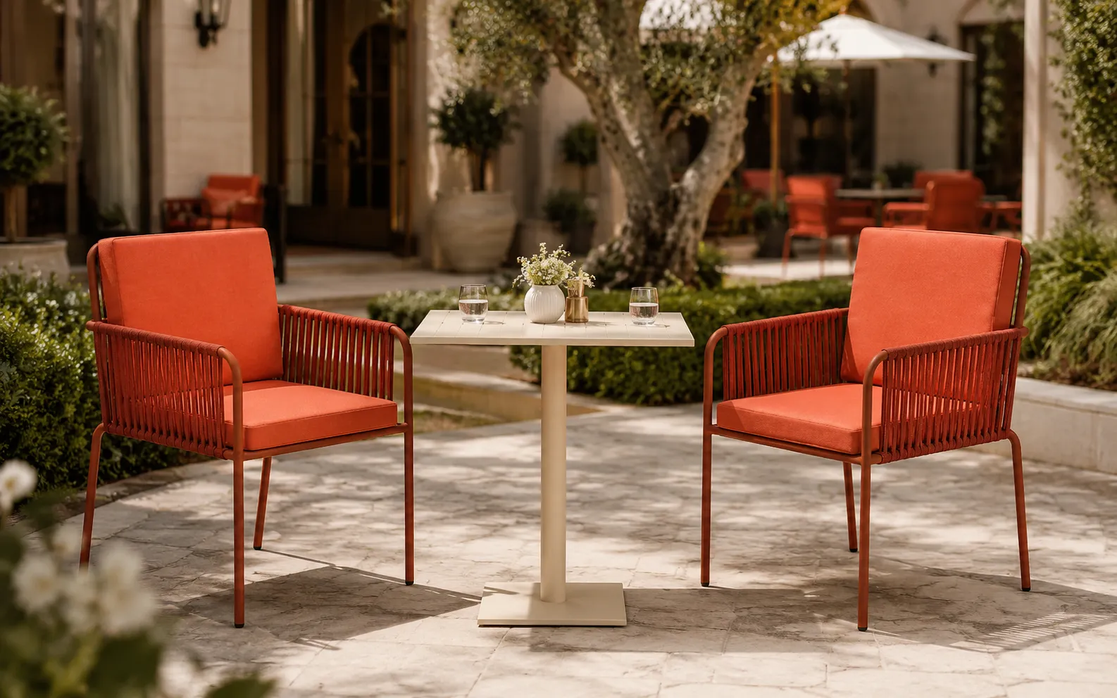 XIMU Furniture outdoor rope bistro set with 2 armchairs and square café table