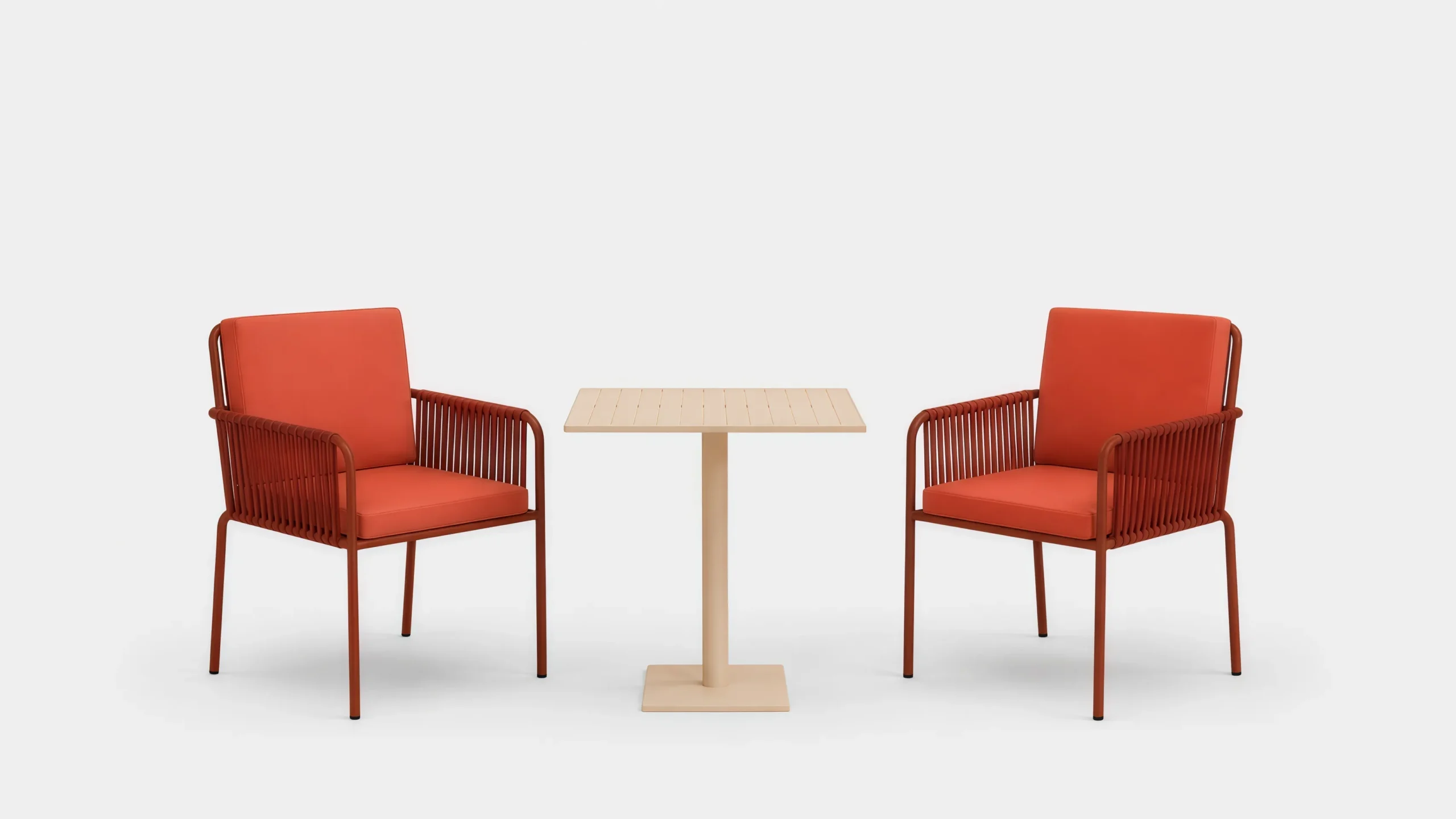 Outdoor Rope Bistro Set with 2 Armchairs, Orange Cushions & Square Café Table for Patio Balcony
