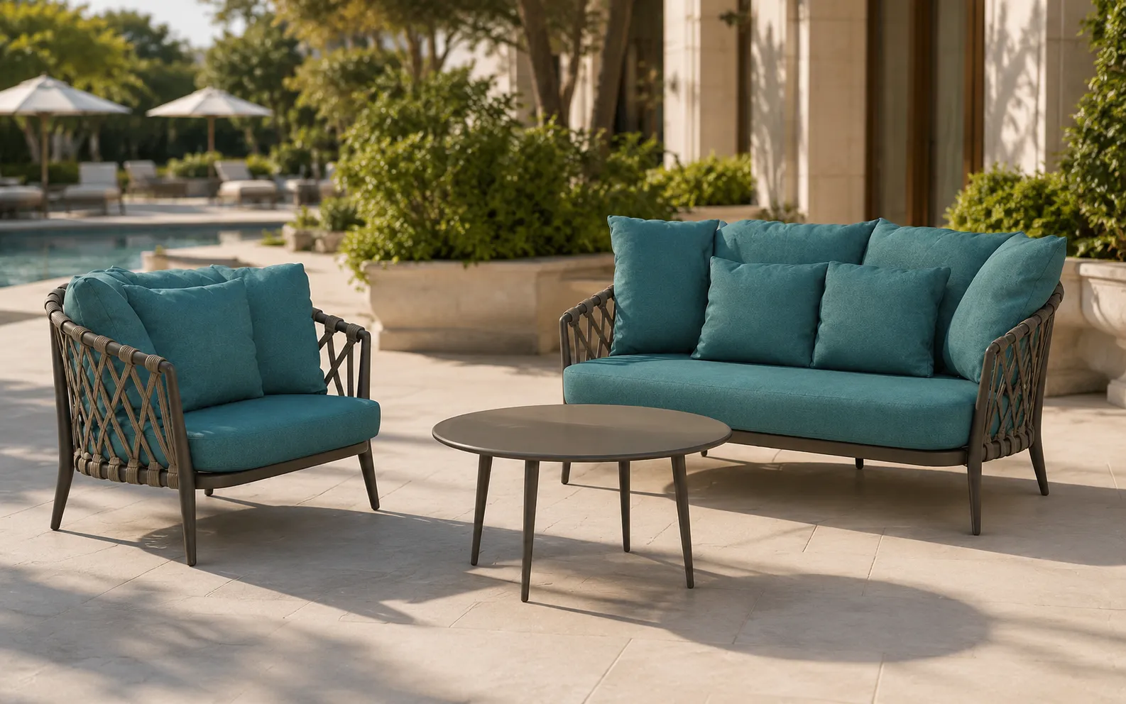 XIMU Furniture outdoor rope conversation set with teal cushions, sofa, lounge chair and round coffee table