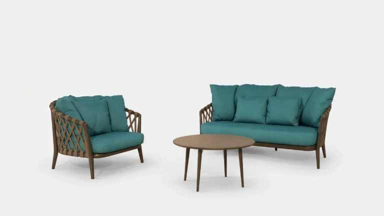 Outdoor Rope Conversation Set with Teal Cushions, Sofa, Lounge Chair & Round Coffee Table for Patio Hotel